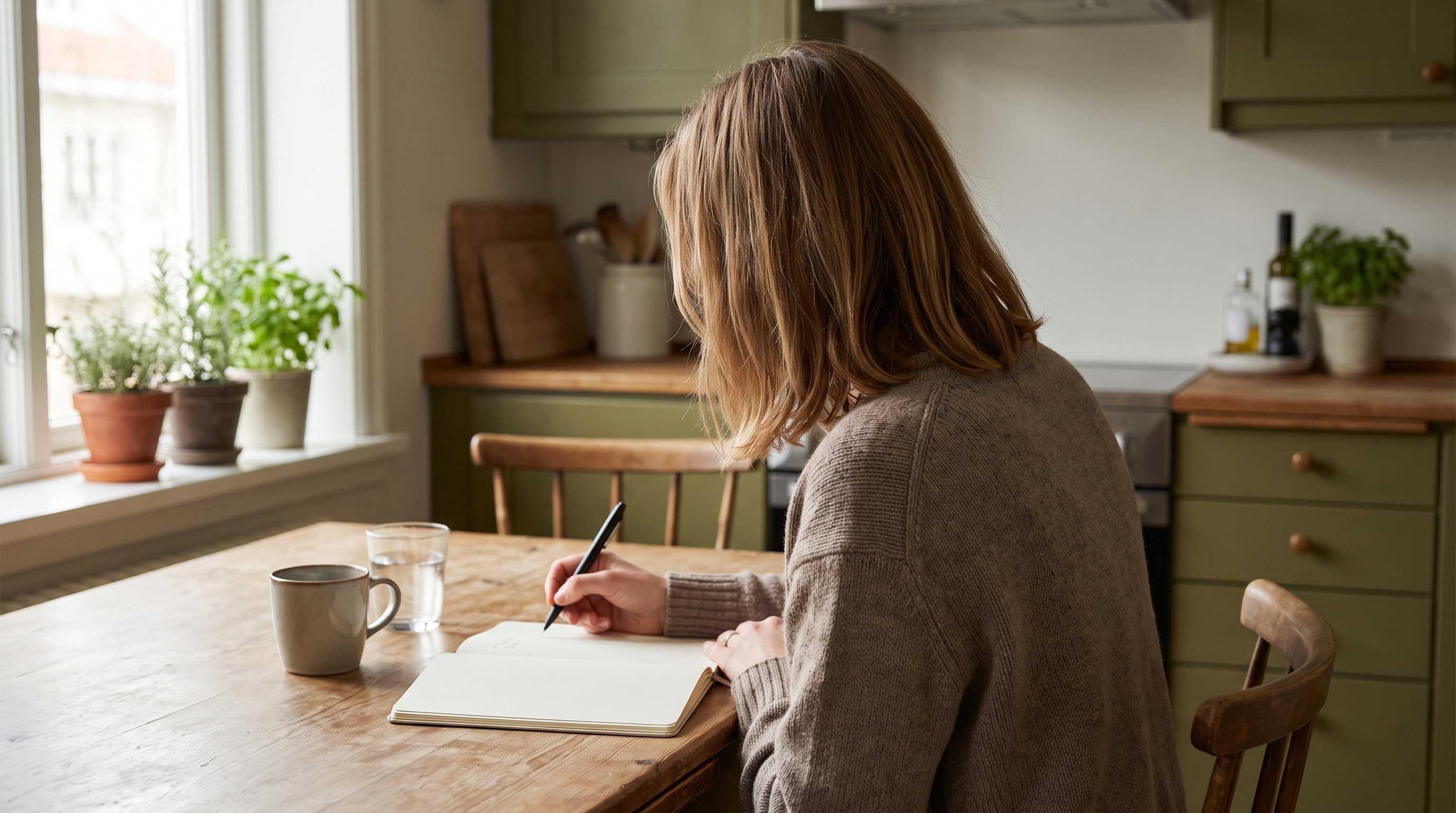 hand writing a single line in a notebook