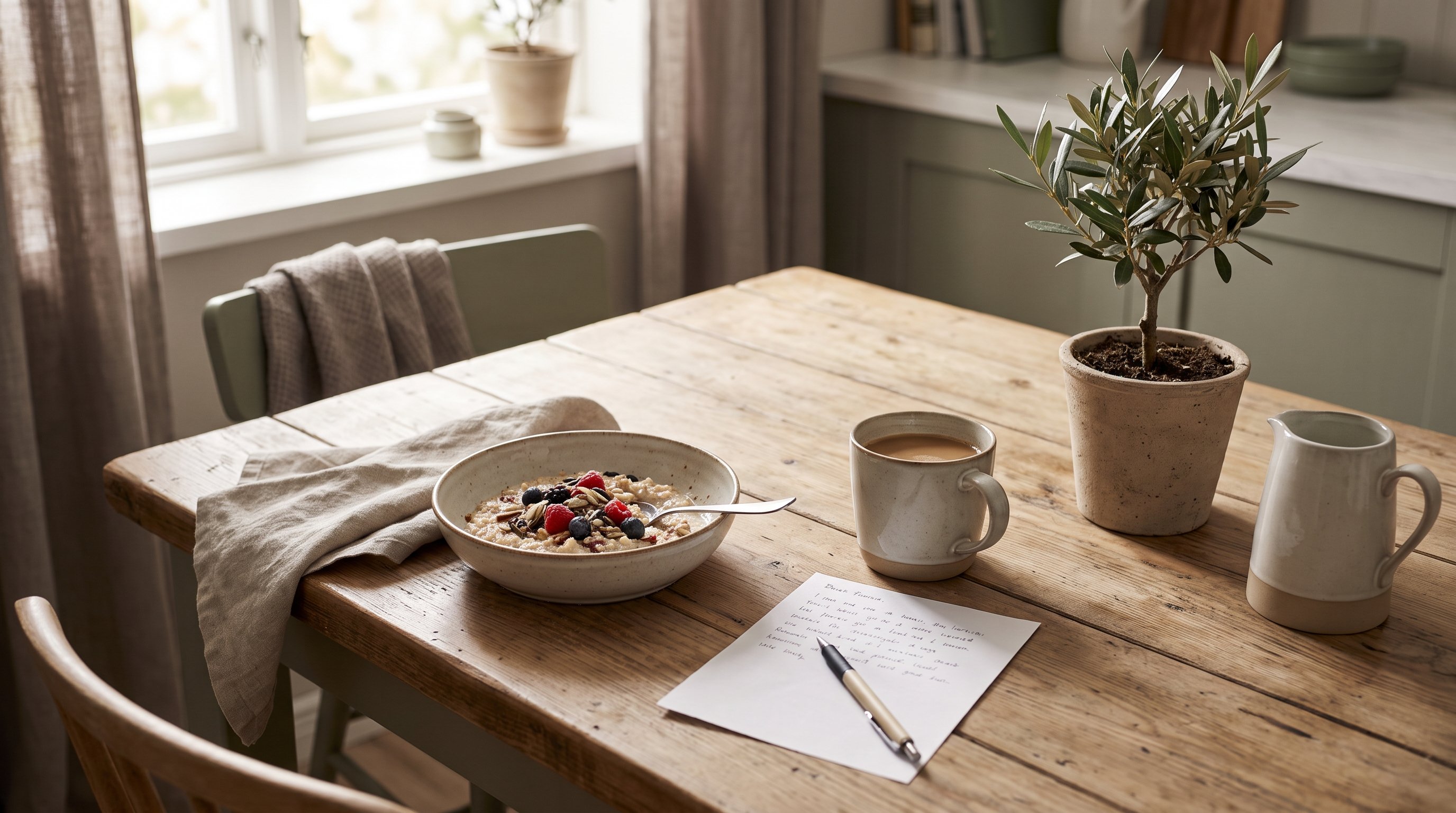 person writing a short checklist at a kitchen table in morning light