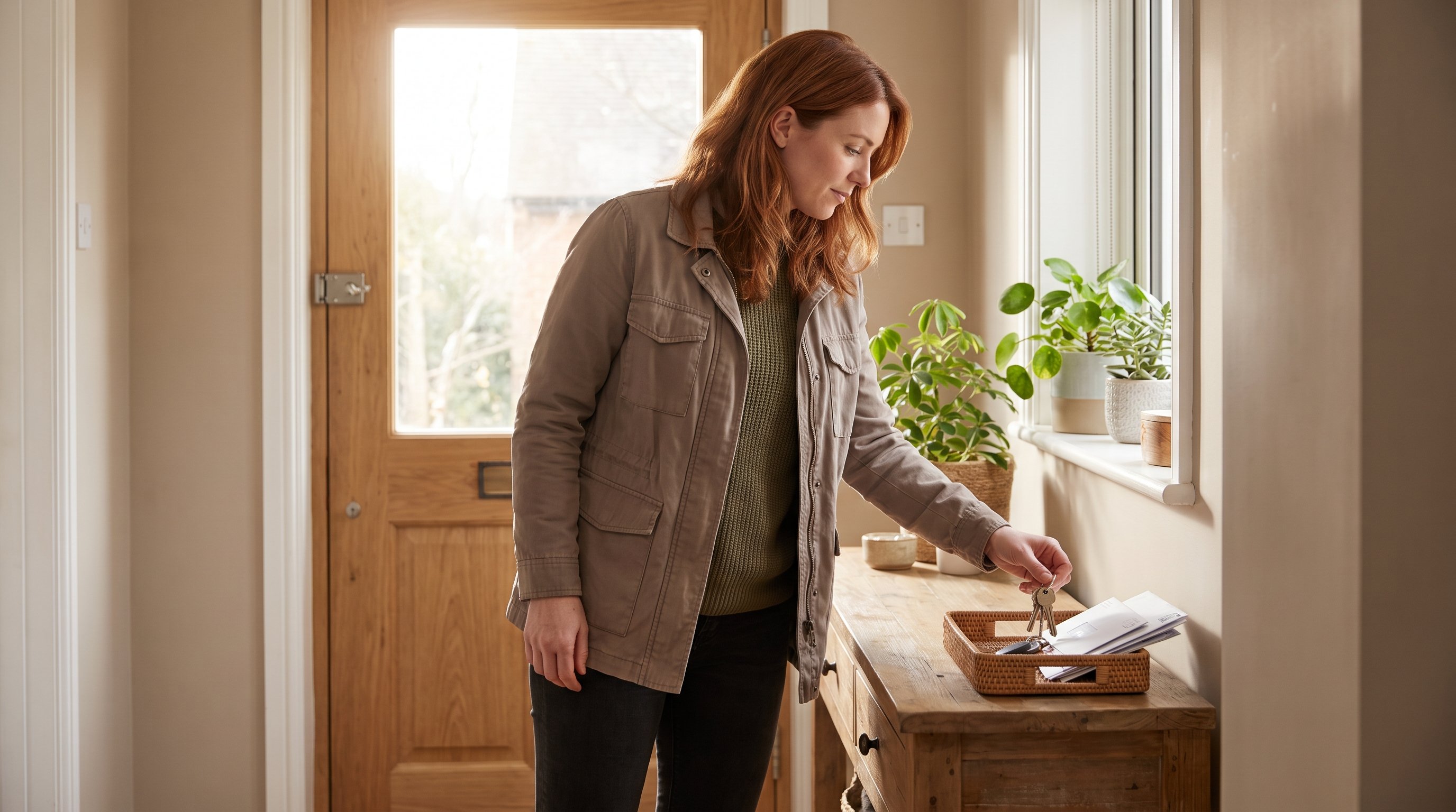 person placing keys and mail into a tray by a front door