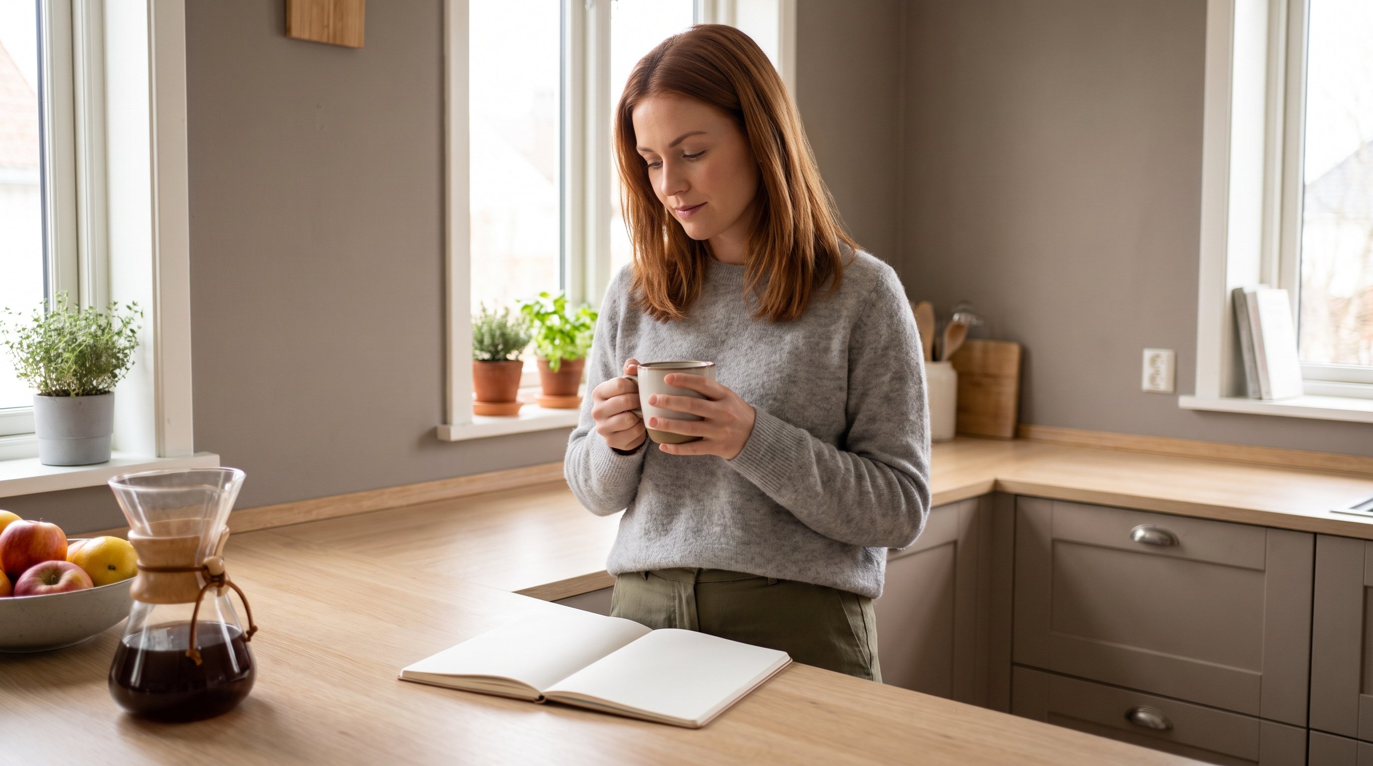 woman checking her phone calendar while waiting for coffee to brew