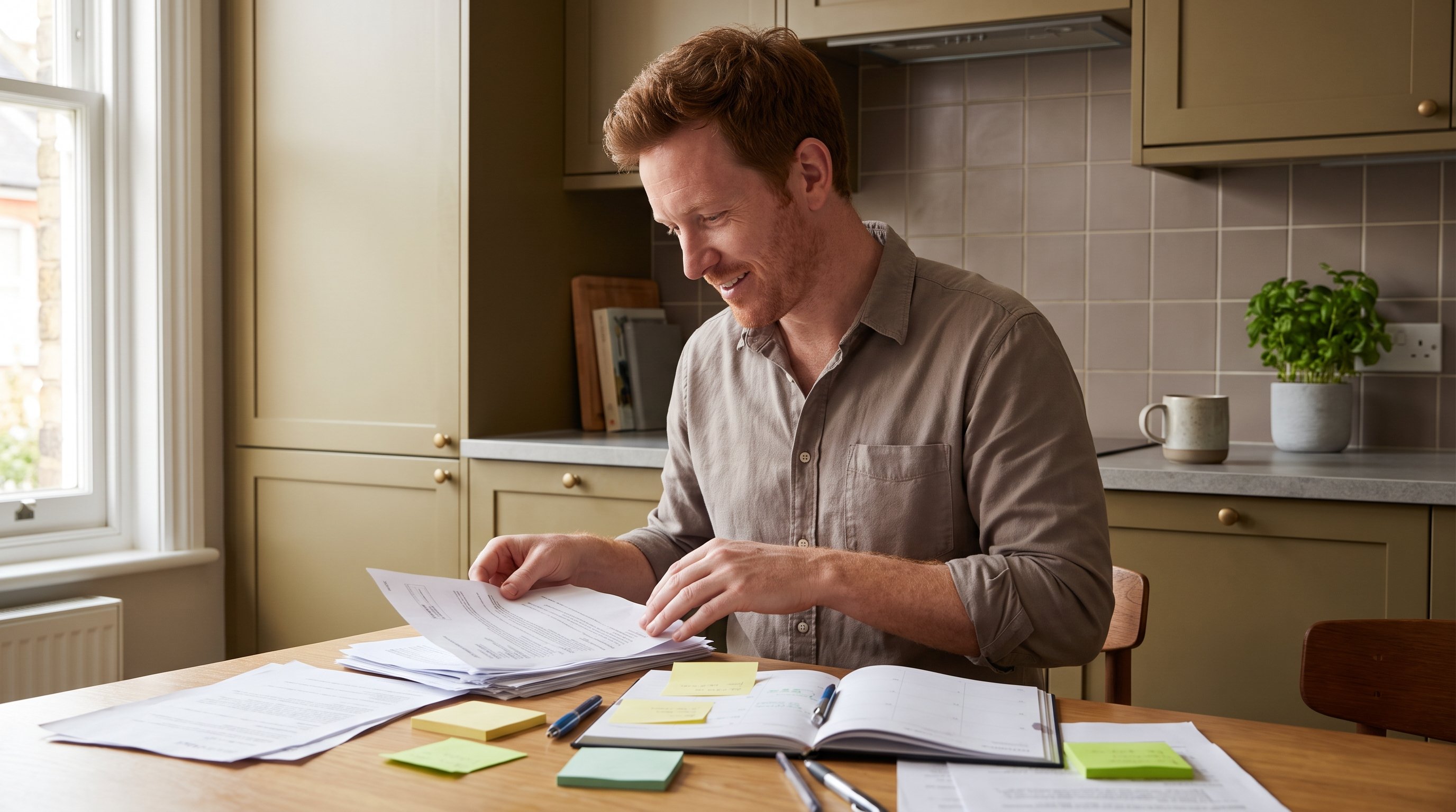 cluttered desk with sticky notes and an open planner