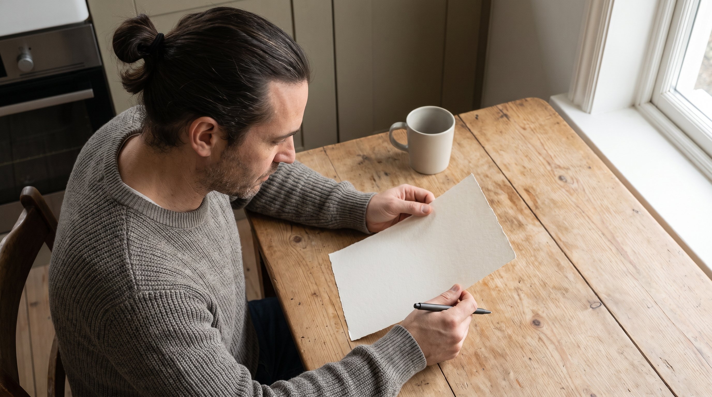 Person writing a short to-do list in a notebook at a kitchen table