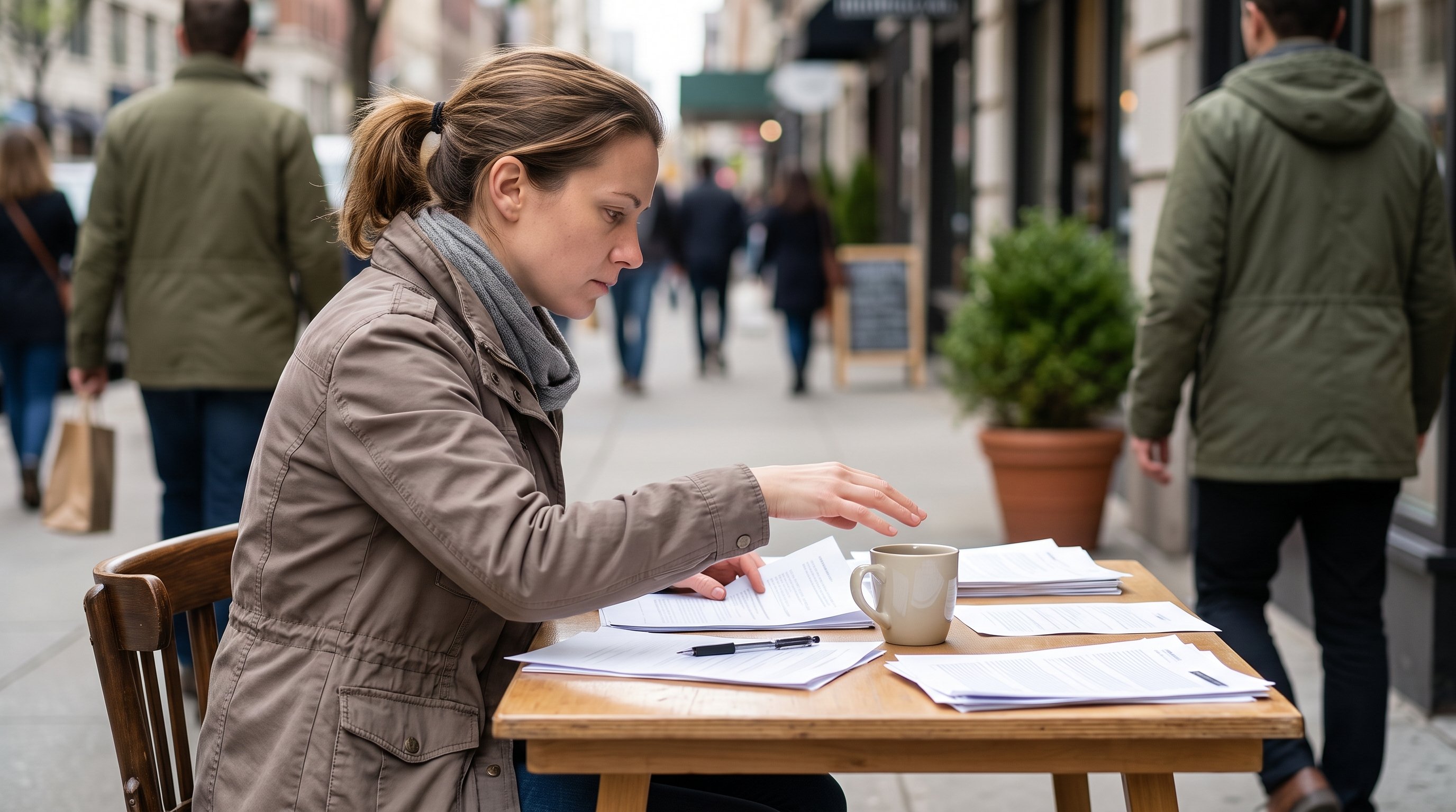 Adult sitting at a cluttered desk staring at an open laptop