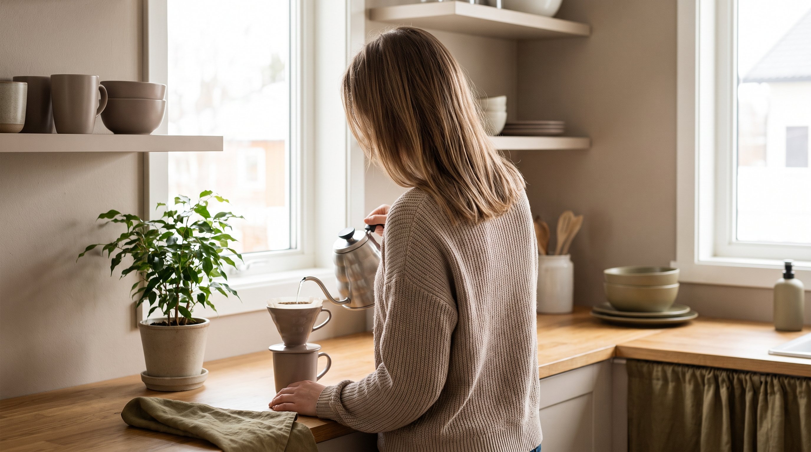 person checking phone notes while making morning coffee