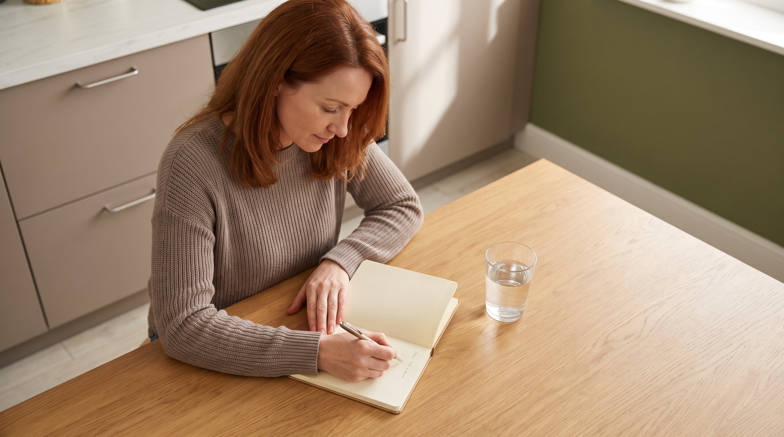 woman writing in a small notebook at a kitchen table