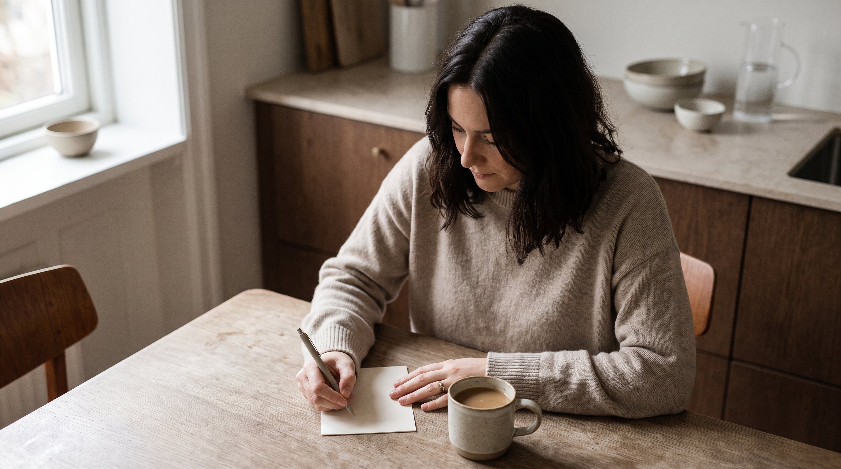 Woman writing a short to-do list on a sticky note at a kitchen table