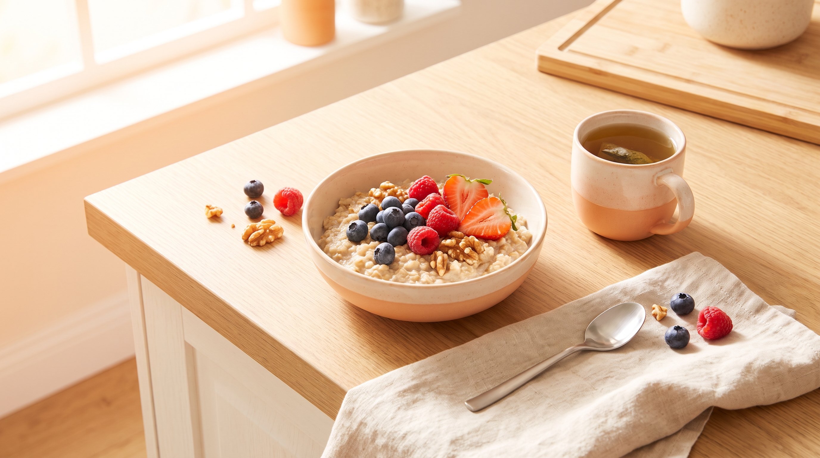 bowl of oats topped with berries and walnuts on a kitchen table bowl of oats topped with berries and walnuts on a kitchen table