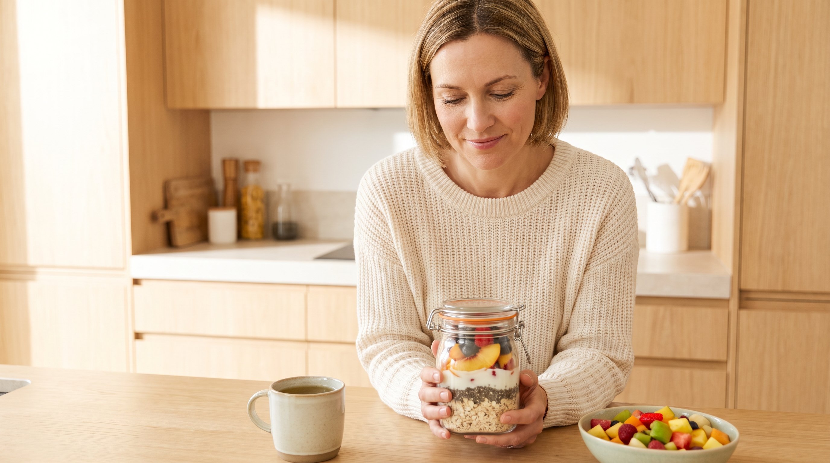 person packing overnight oats into a jar in a kitchen at night