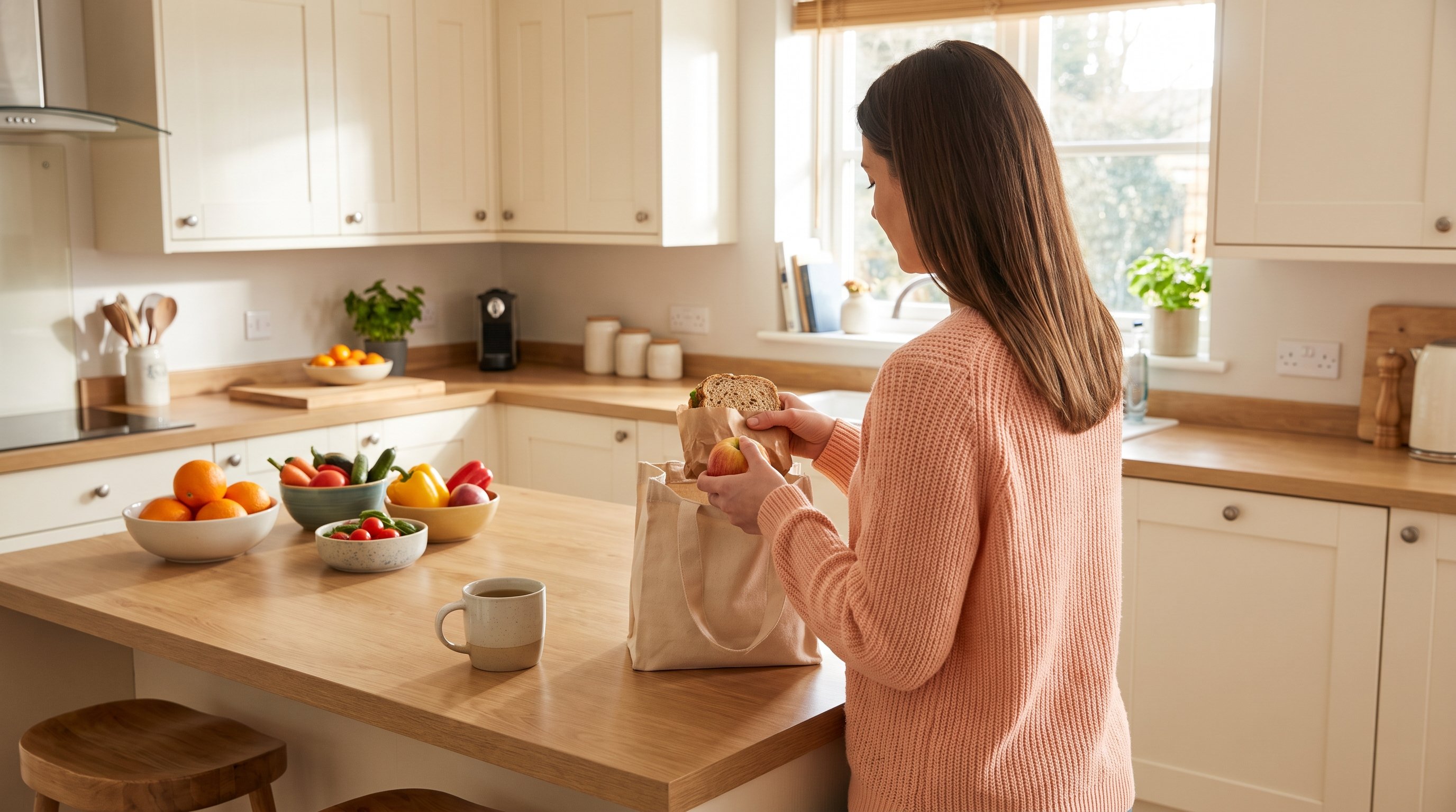 person packing wholegrain sandwich and fruit into lunch bag