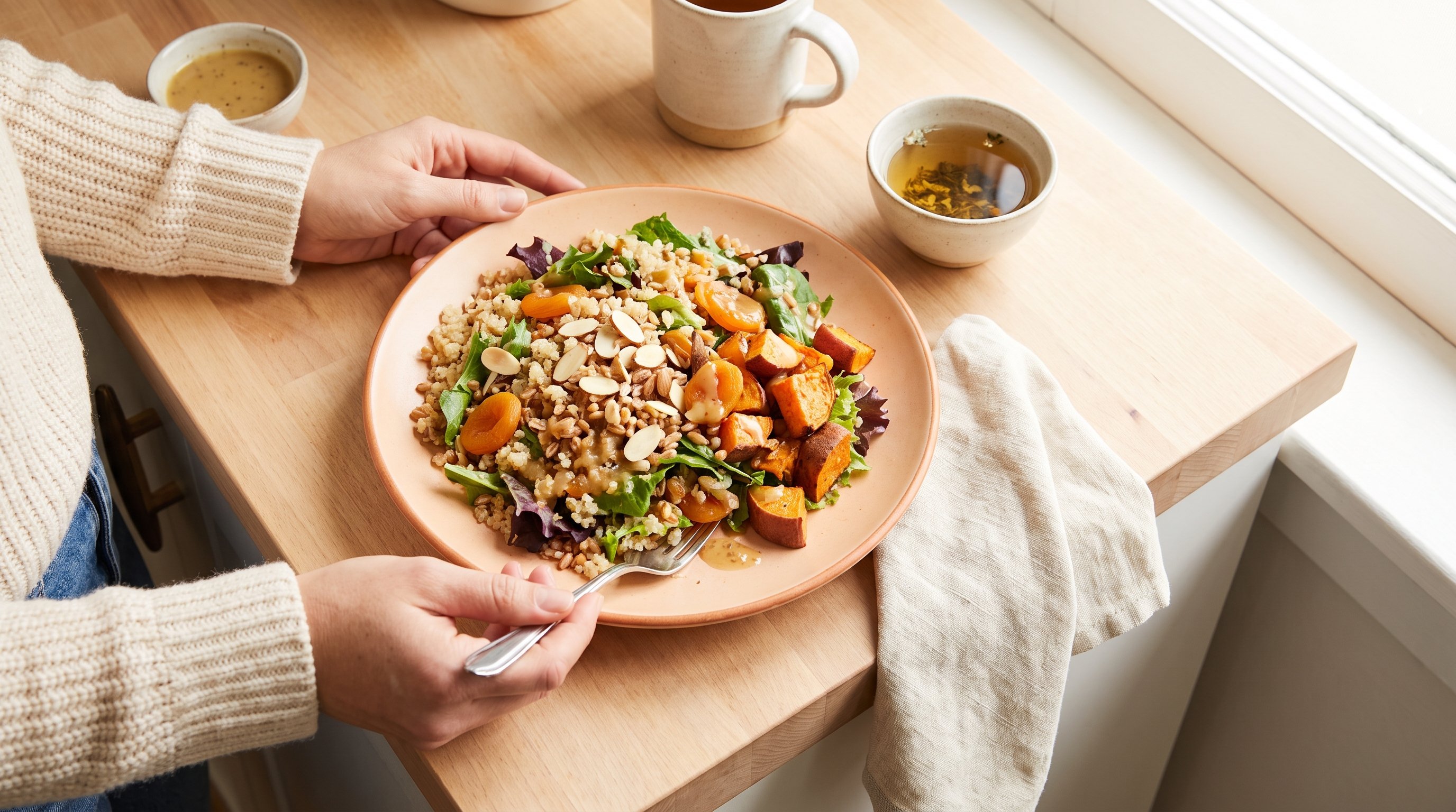 colourful plate of whole grains vegetables and nuts