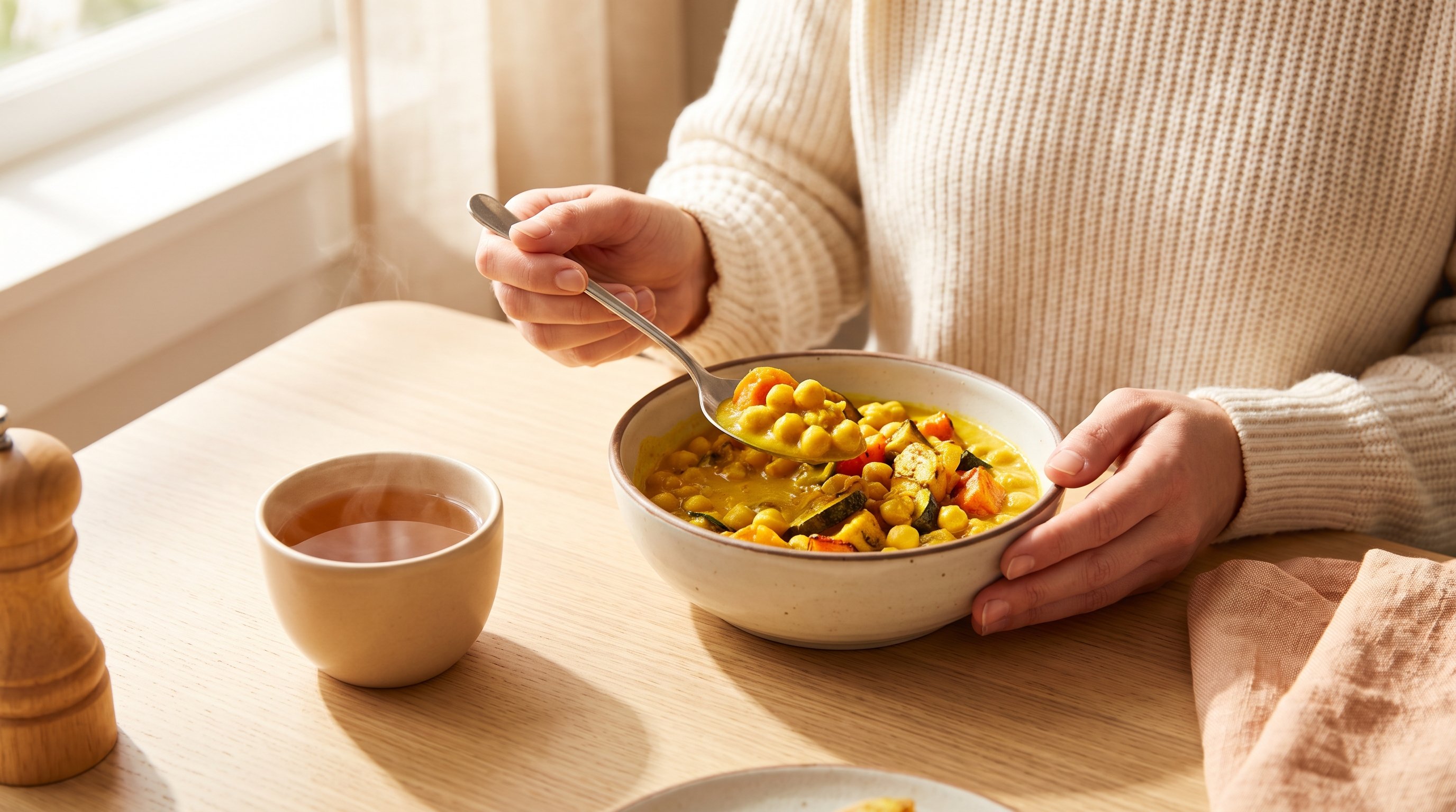 A relaxed woman in her 40s eating a turmeric chickpea curry at a window-lit dining table