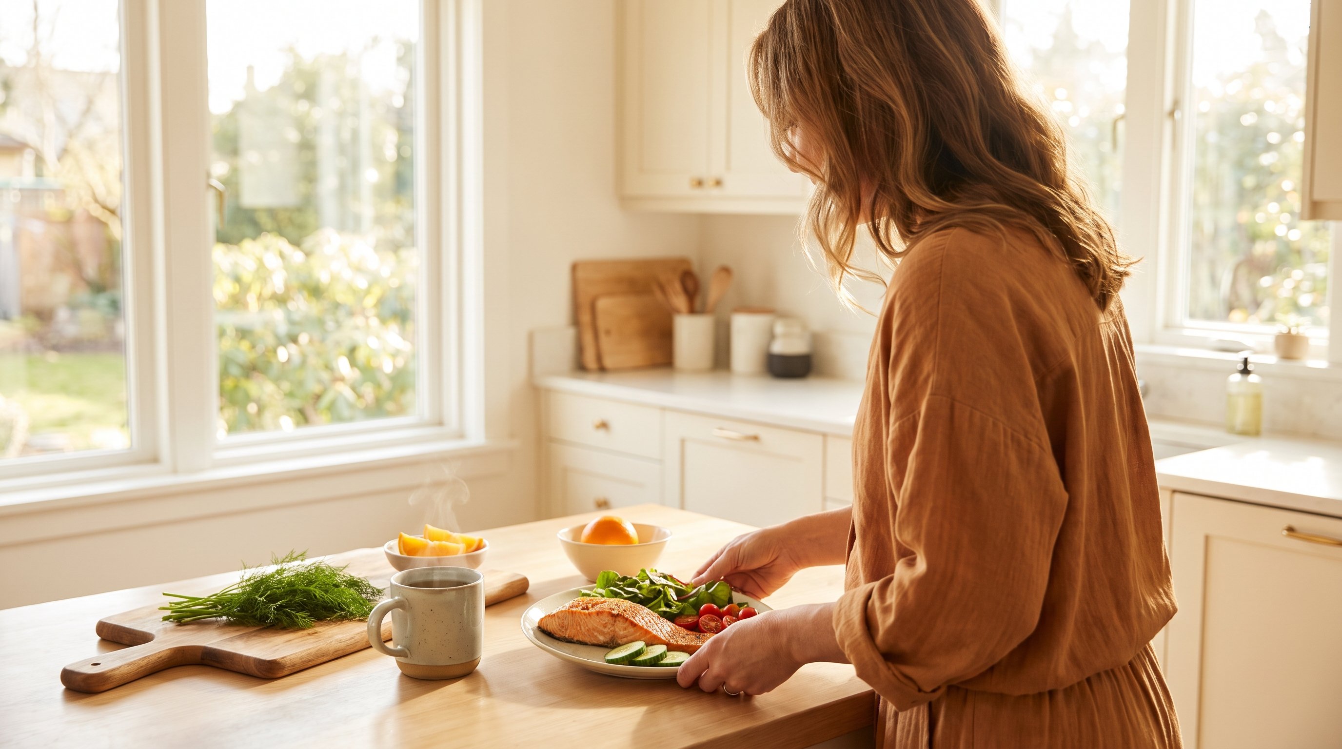 A relaxed woman in her 40s preparing a salmon plate with greens in a sunny modern kitchen