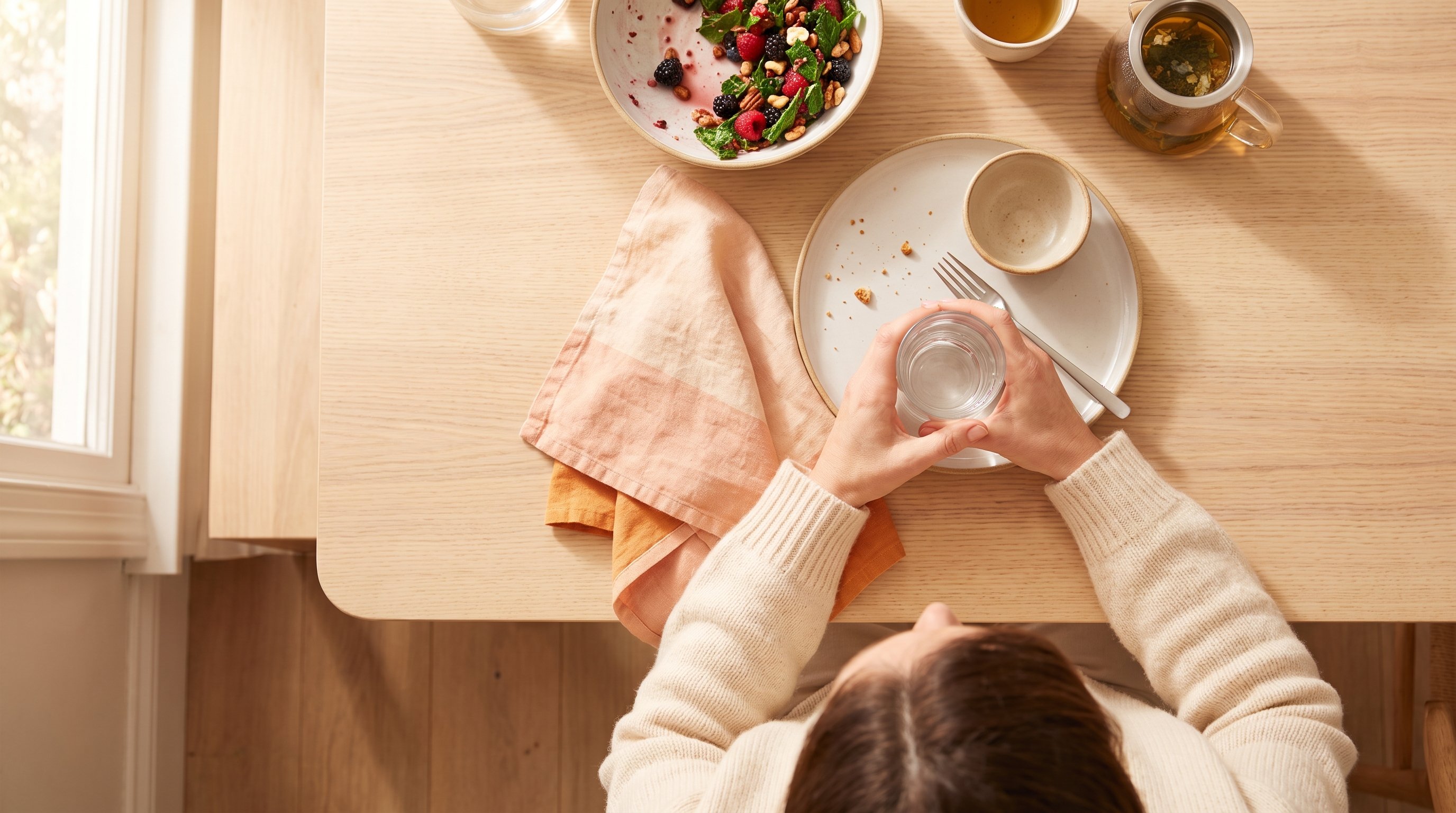 A relaxed woman in her 40s relaxing with a glass of water after a meal at a window-lit dining table
