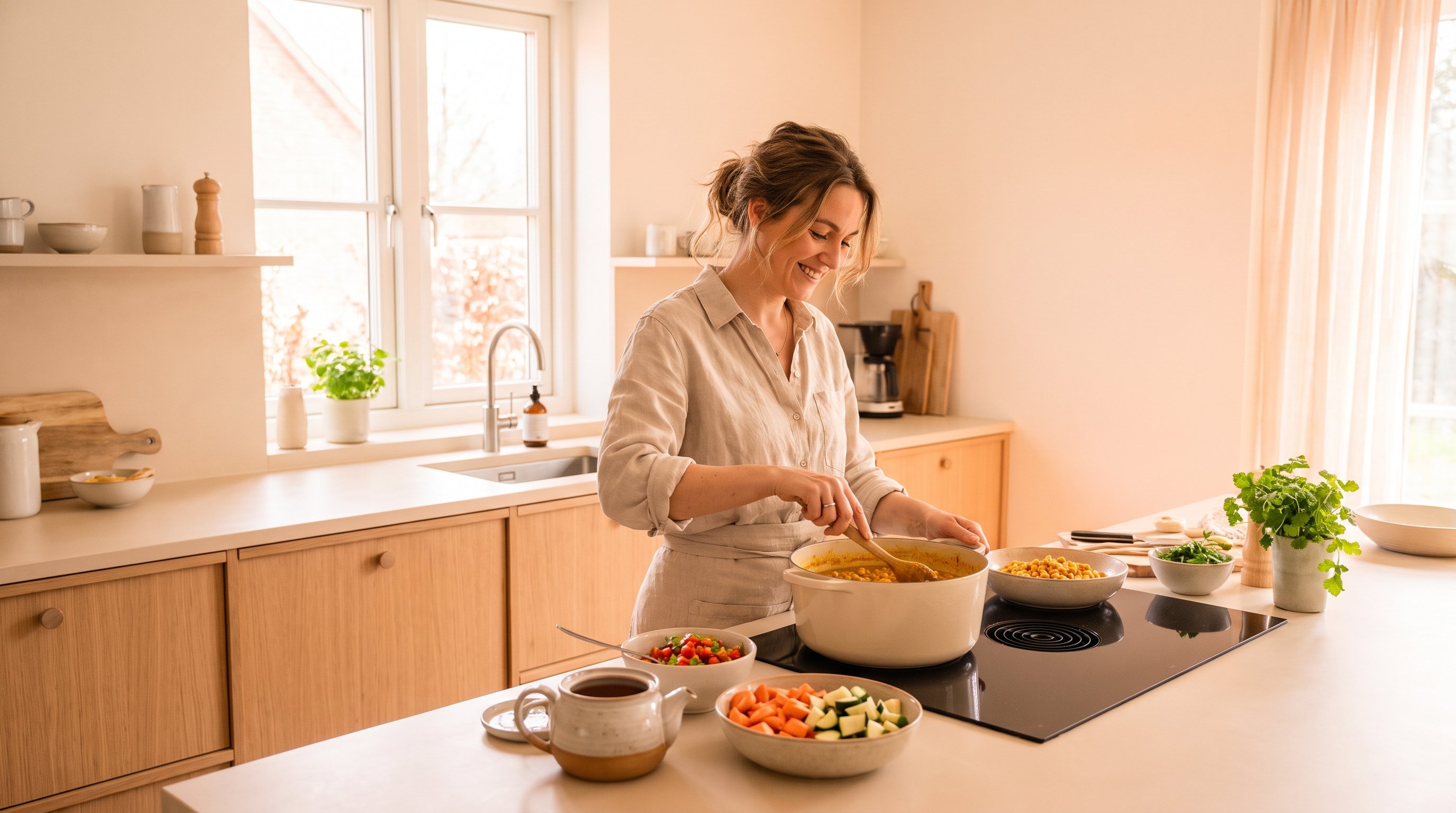 A relaxed woman in her 40s smiling while cooking a turmeric chickpea curry in a sunny modern kitchen