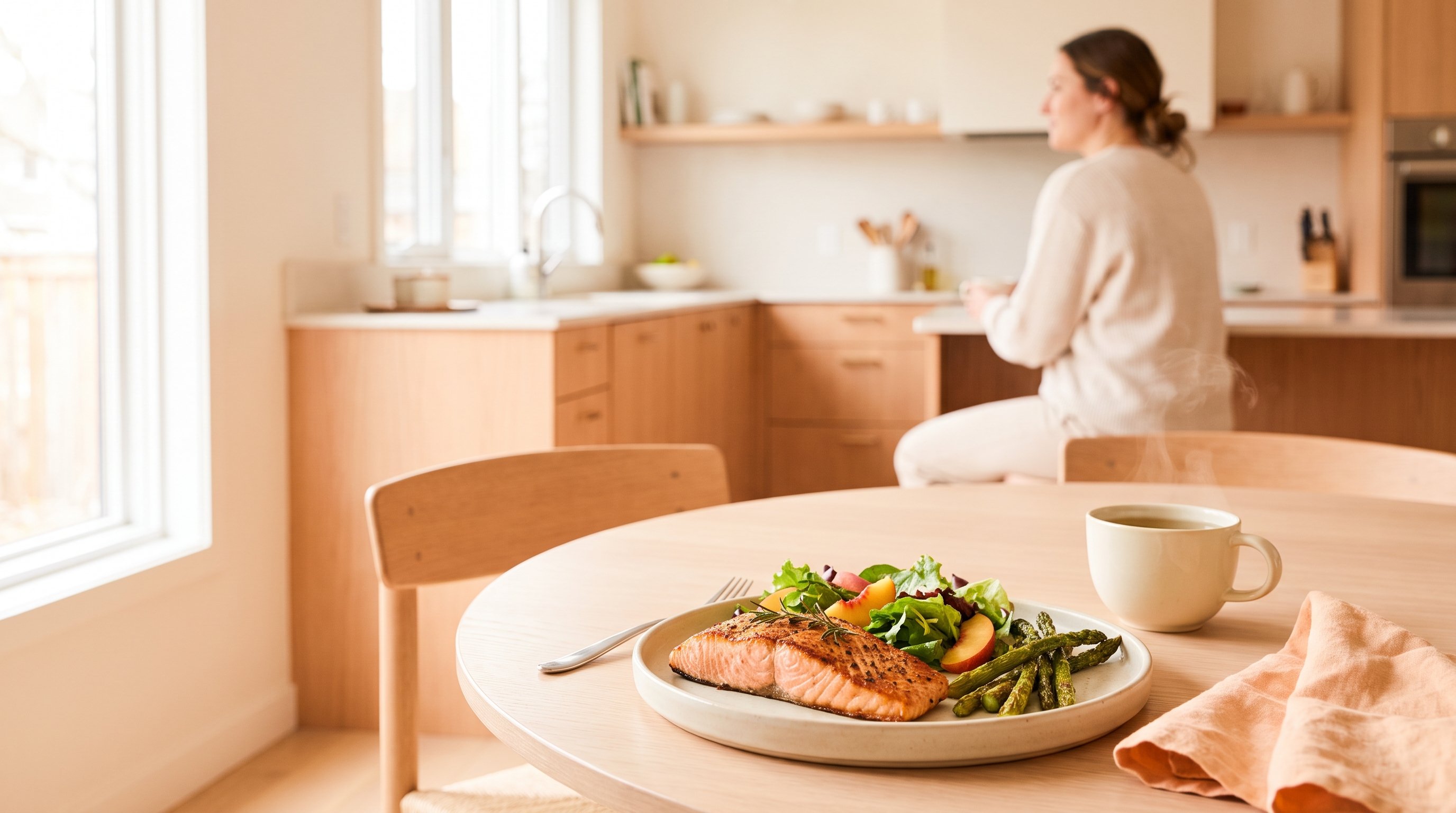 A salmon plate with greens served on a window-lit dining table
