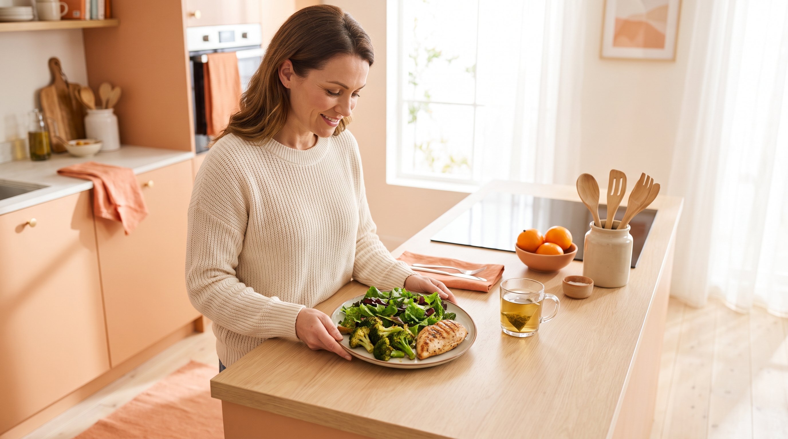 person filling half a dinner plate with leafy greens and roasted vegetables