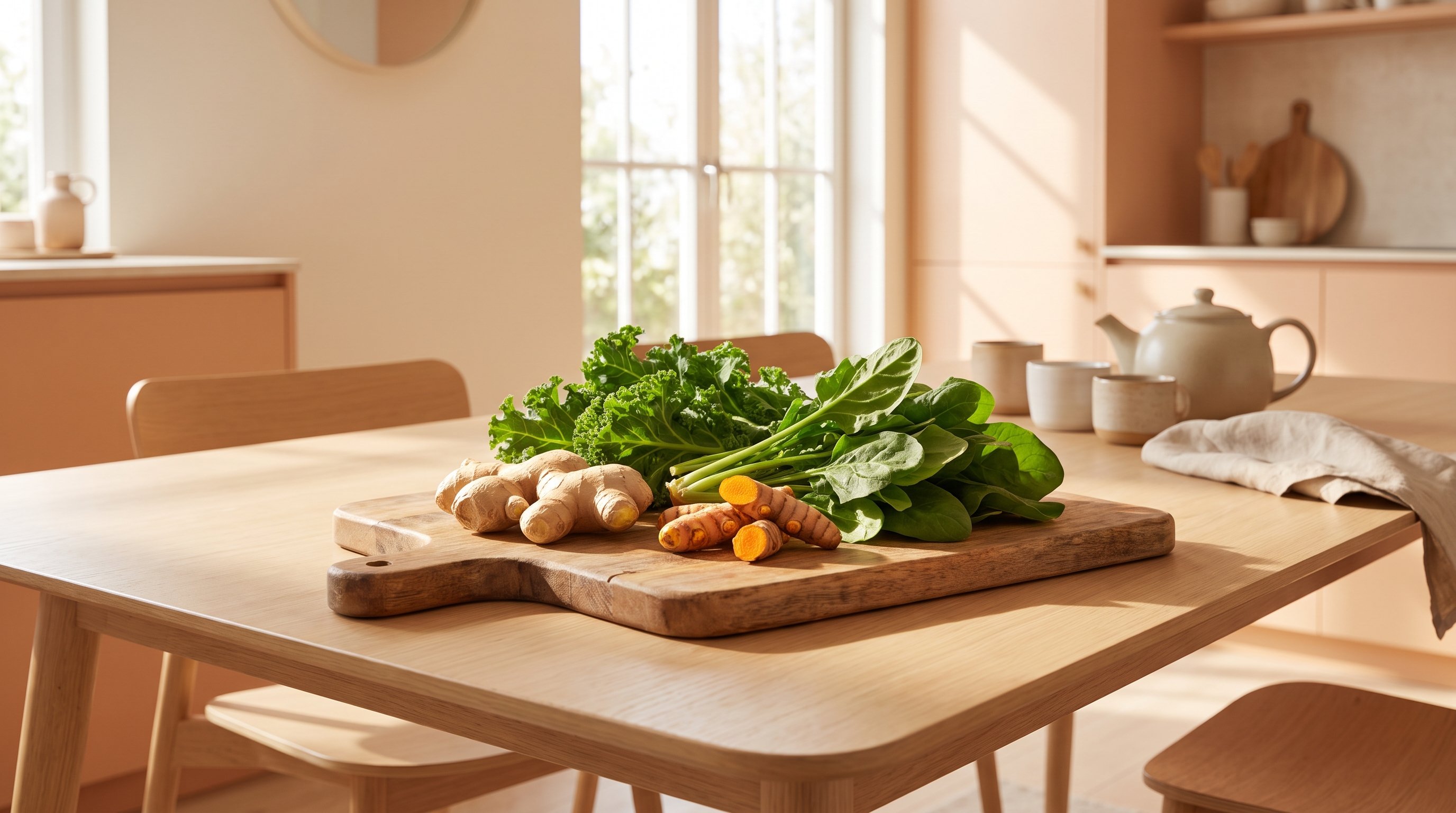 fresh turmeric, ginger and leafy greens laid out on a wooden chopping board