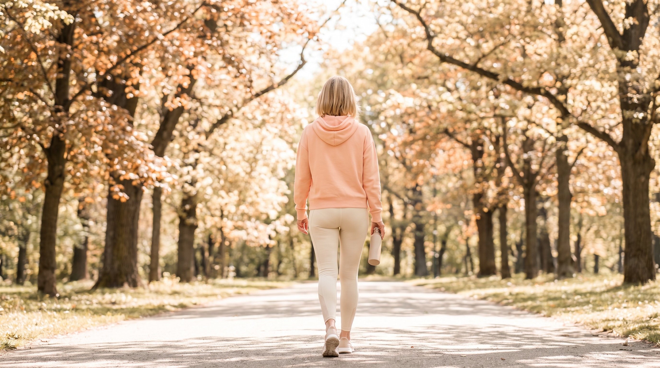 person walking slowly along a tree-lined path in the morning