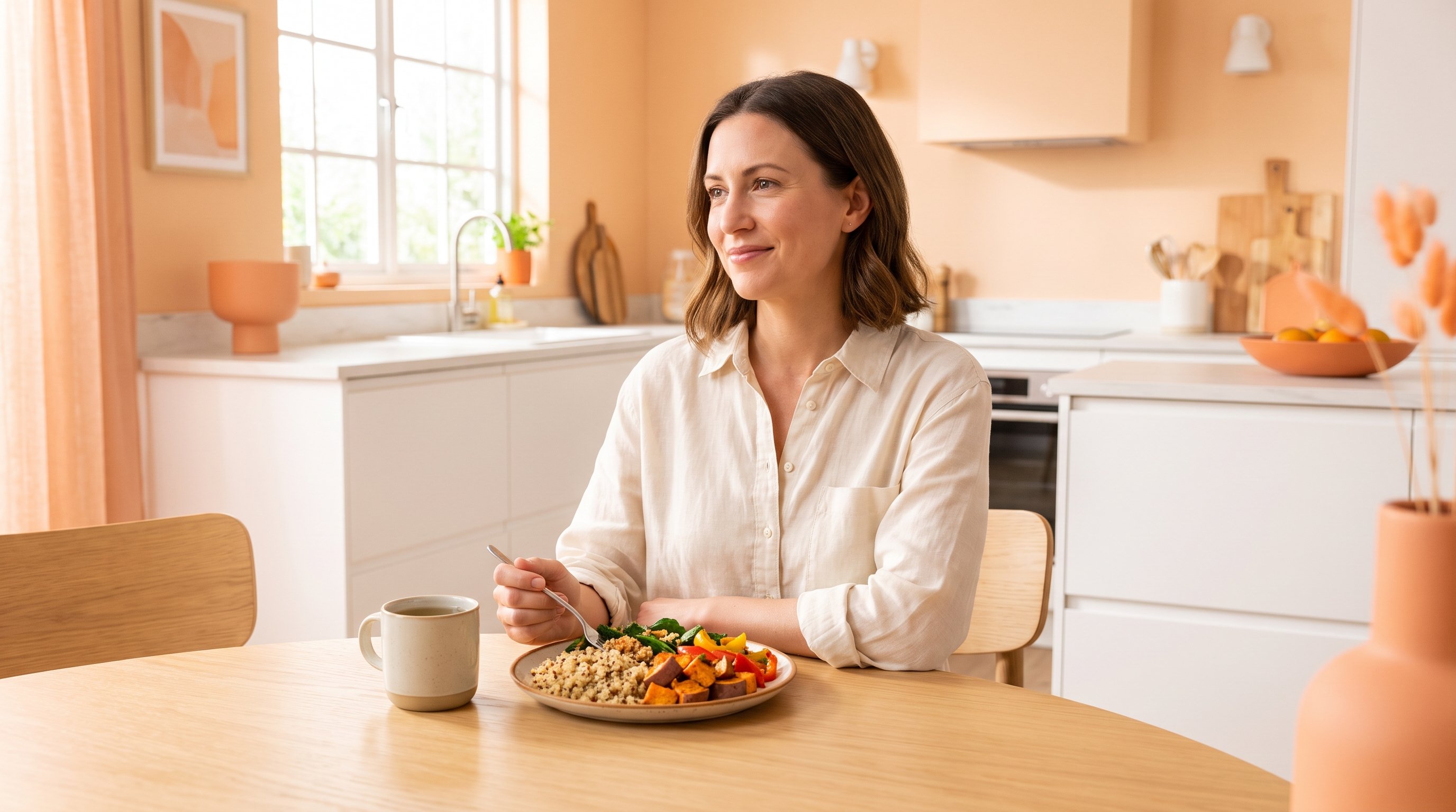 Family eating a simple vegetable and grain meal together at a kitchen table