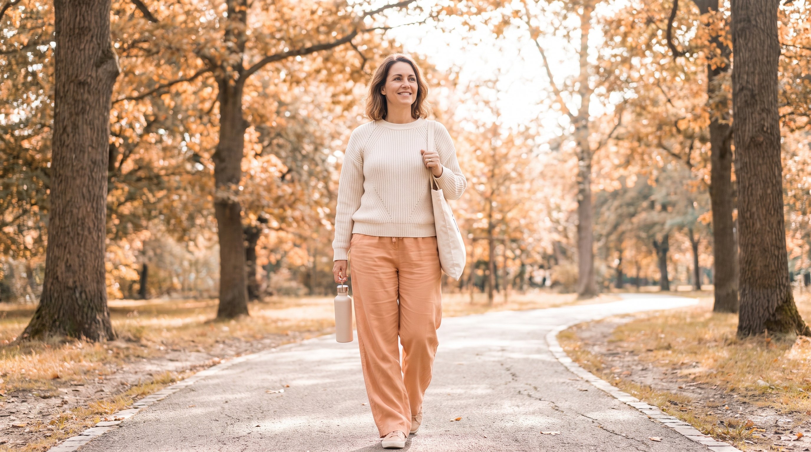 person checking step count on phone while walking outdoors