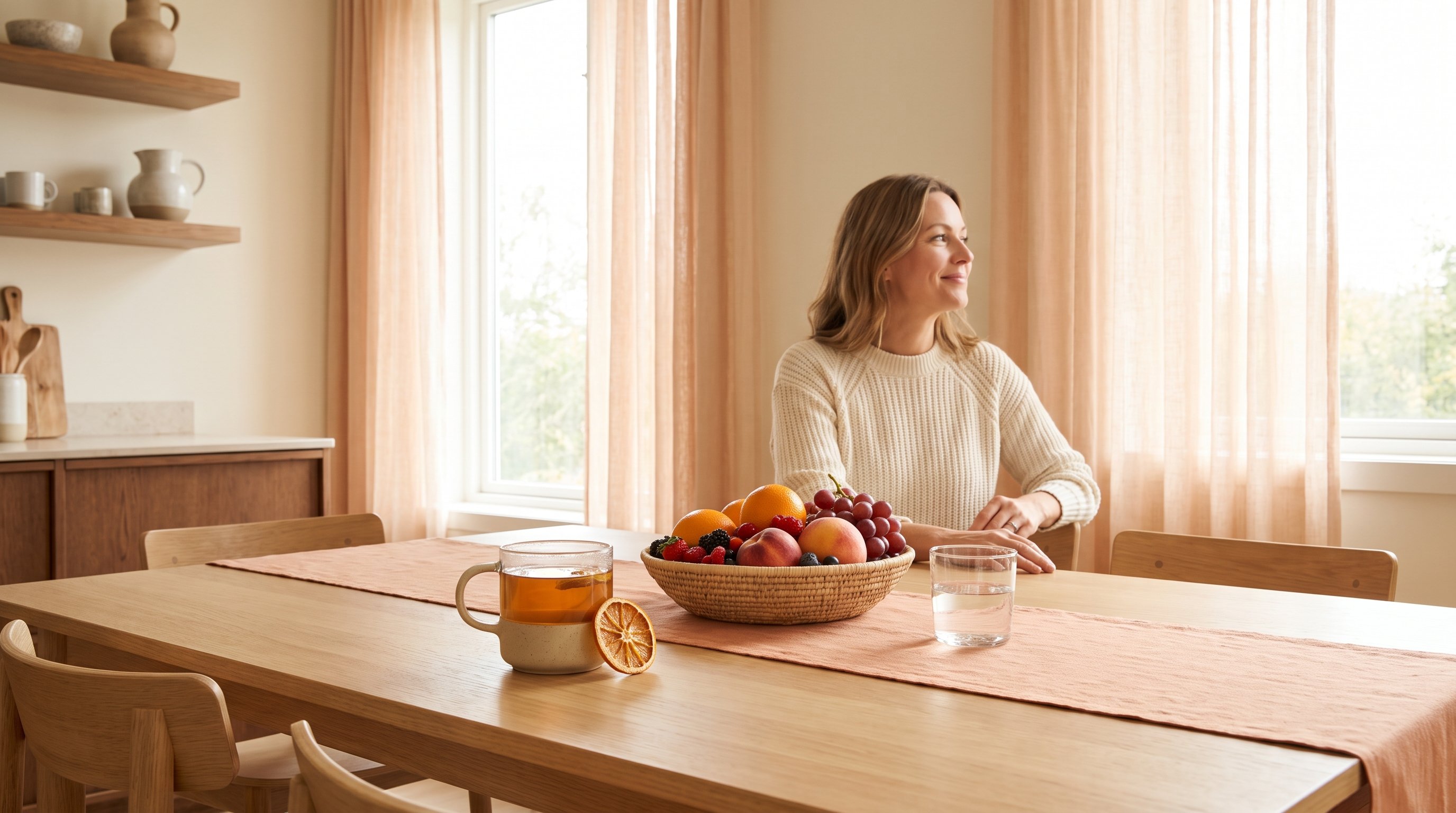 A cup of herbal tea beside a fruit bowl on a window-lit dining table beside a glass of water