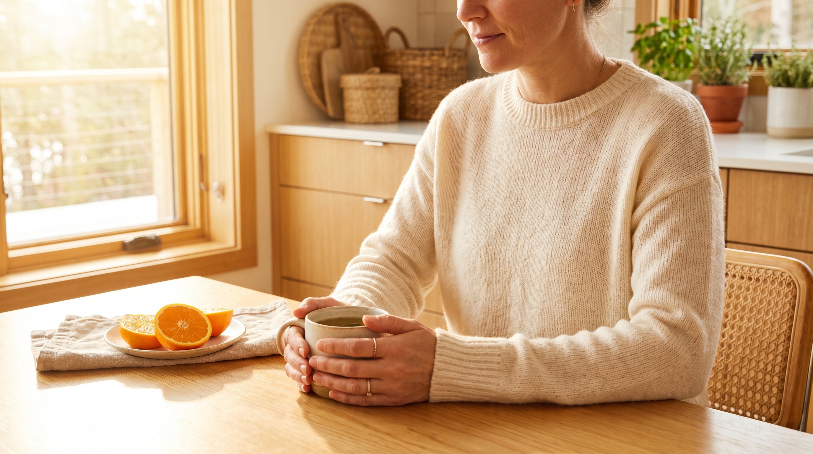 A relaxed woman in her 40s sitting calmly at a window-lit dining table with a cup of tea