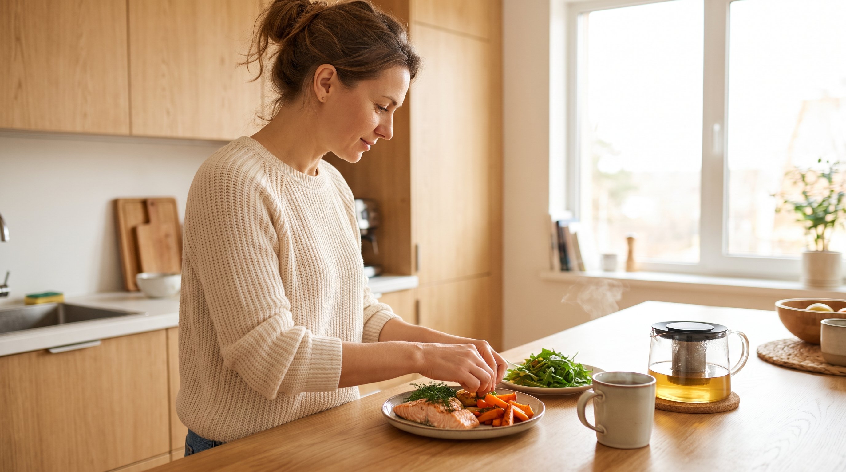 A relaxed woman in her 40s preparing a salmon plate with greens in a sunny modern kitchen