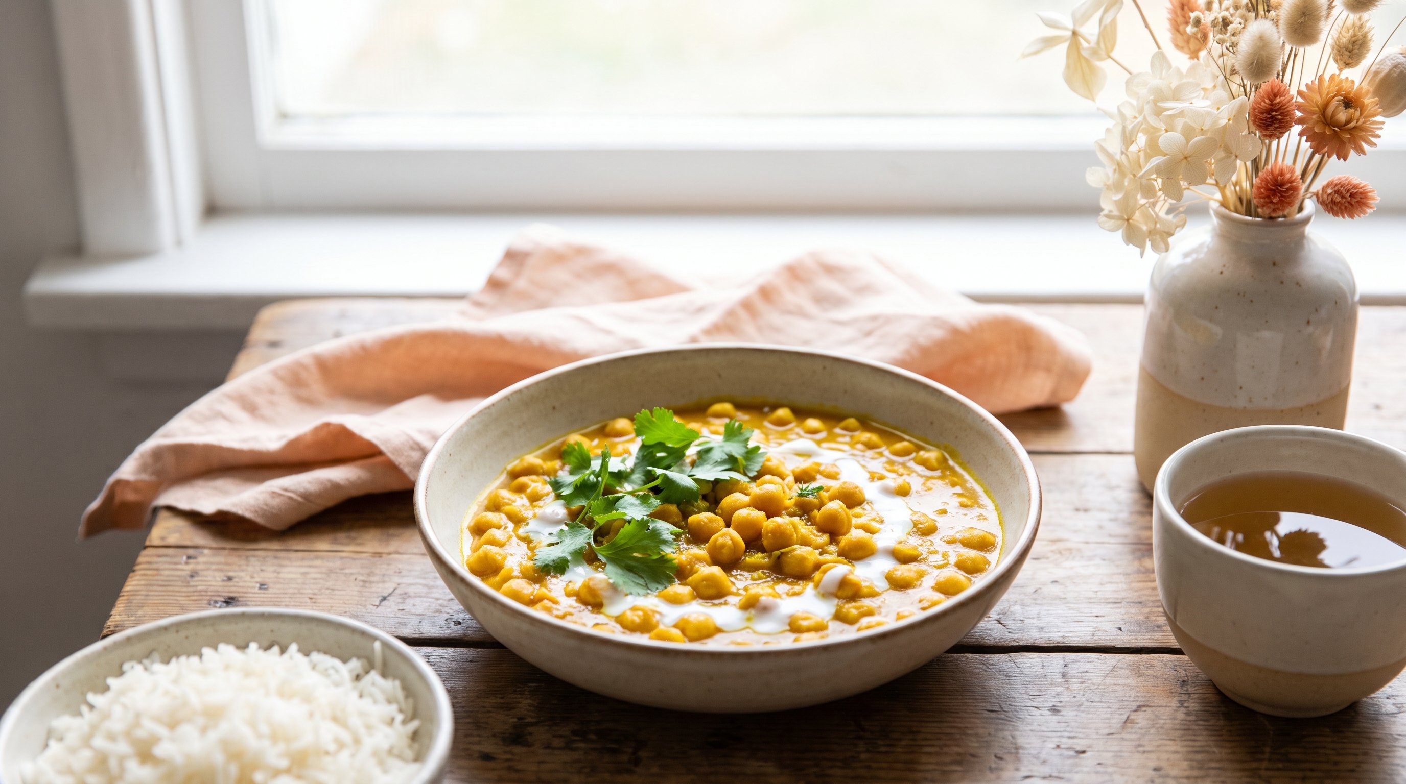 A turmeric chickpea curry ready to eat on a window-lit dining table