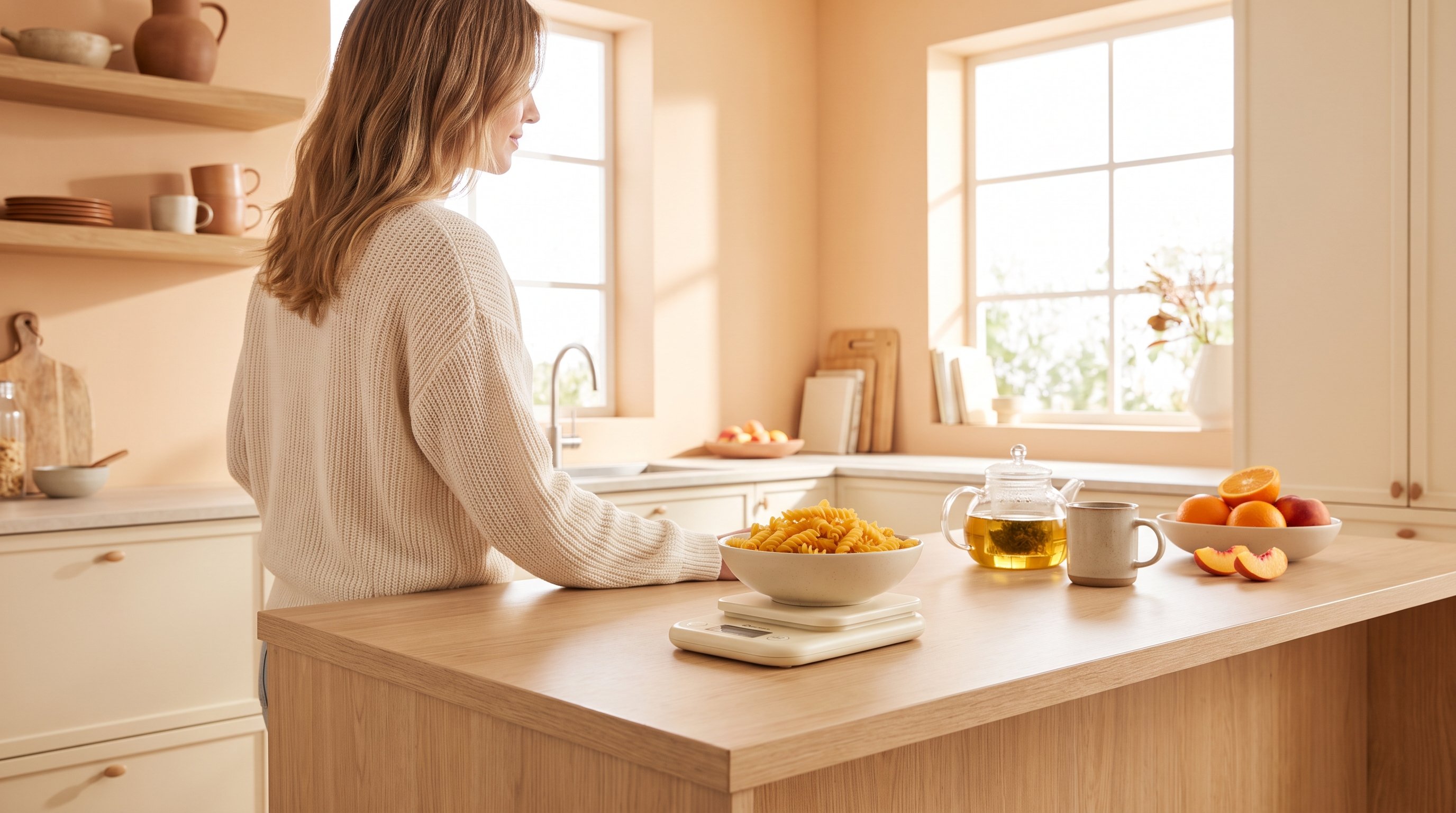 woman weighing pasta on a kitchen scale before cooking dinner
