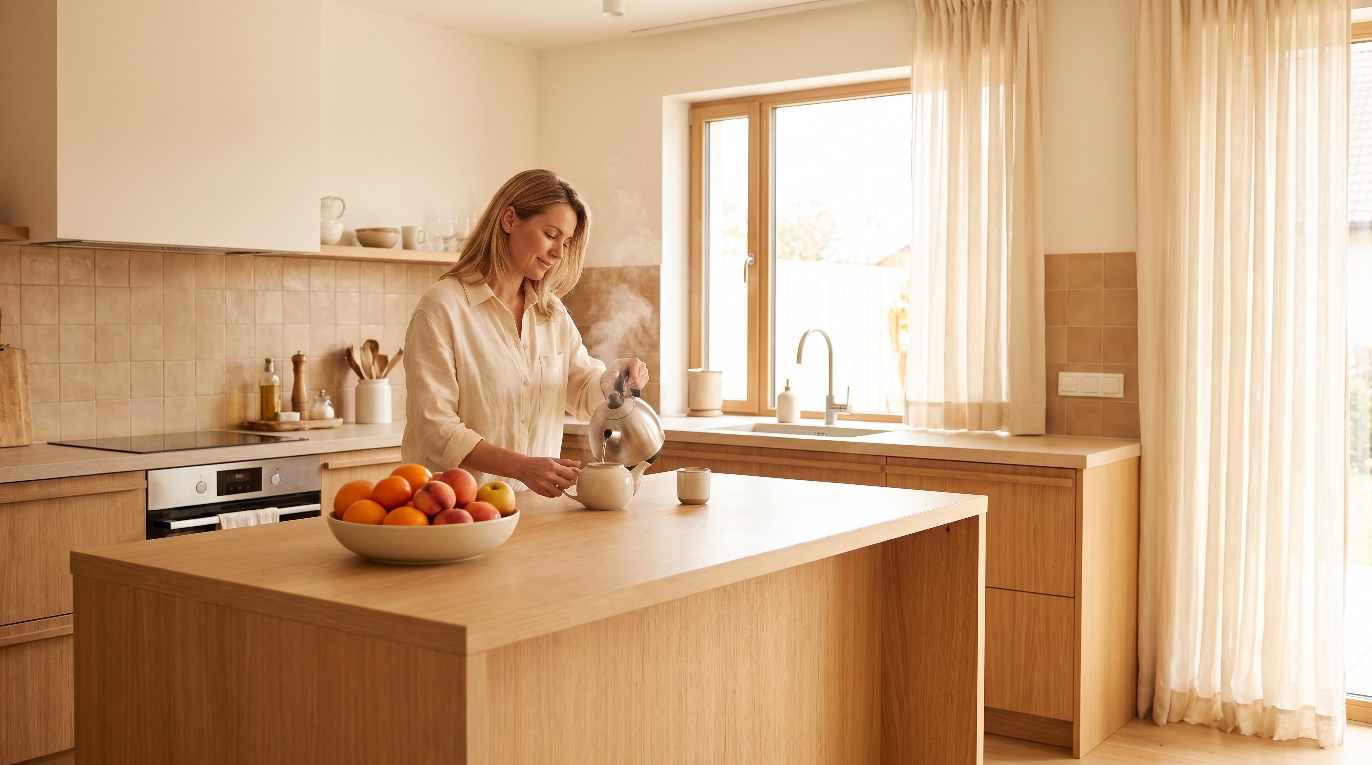 A relaxed woman in her 40s cooking a cup of herbal tea beside a fruit bowl in a sunny modern kitchen
