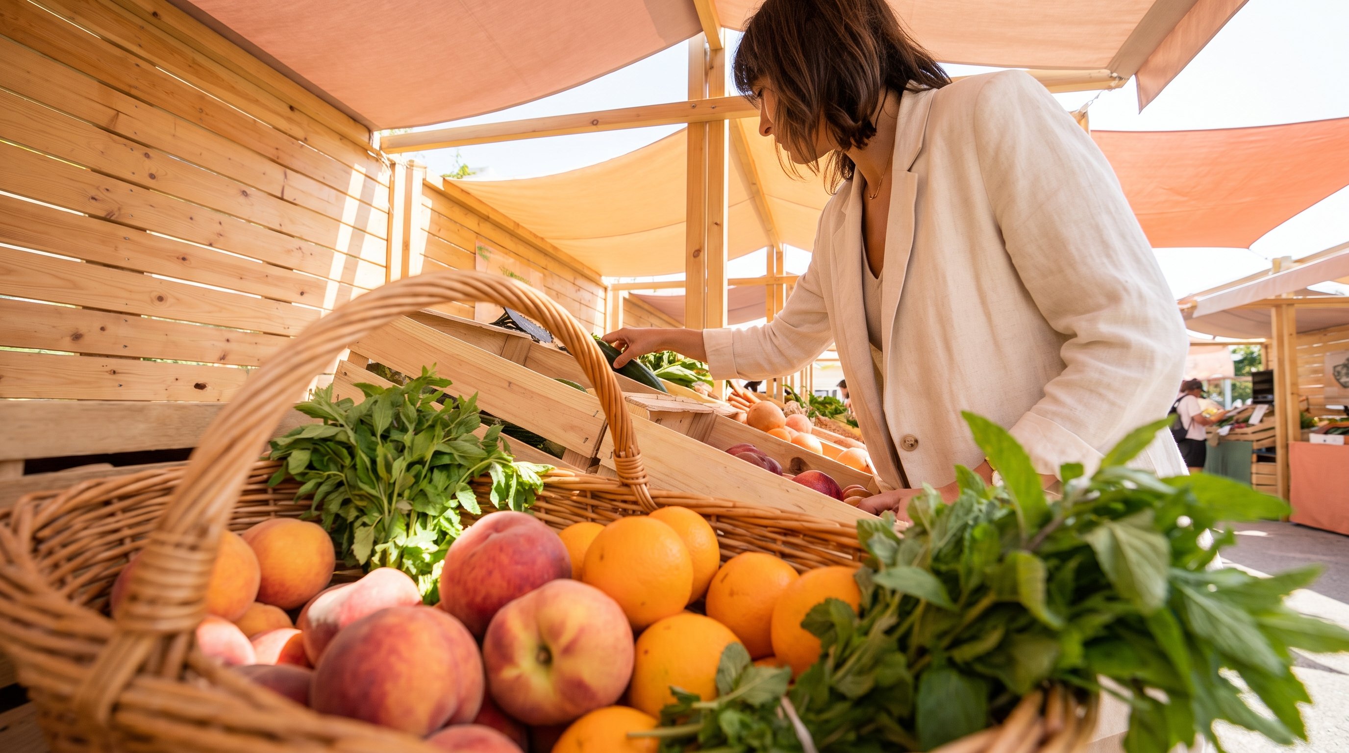 A relaxed woman in her 40s shopping for fresh produce at a market stall