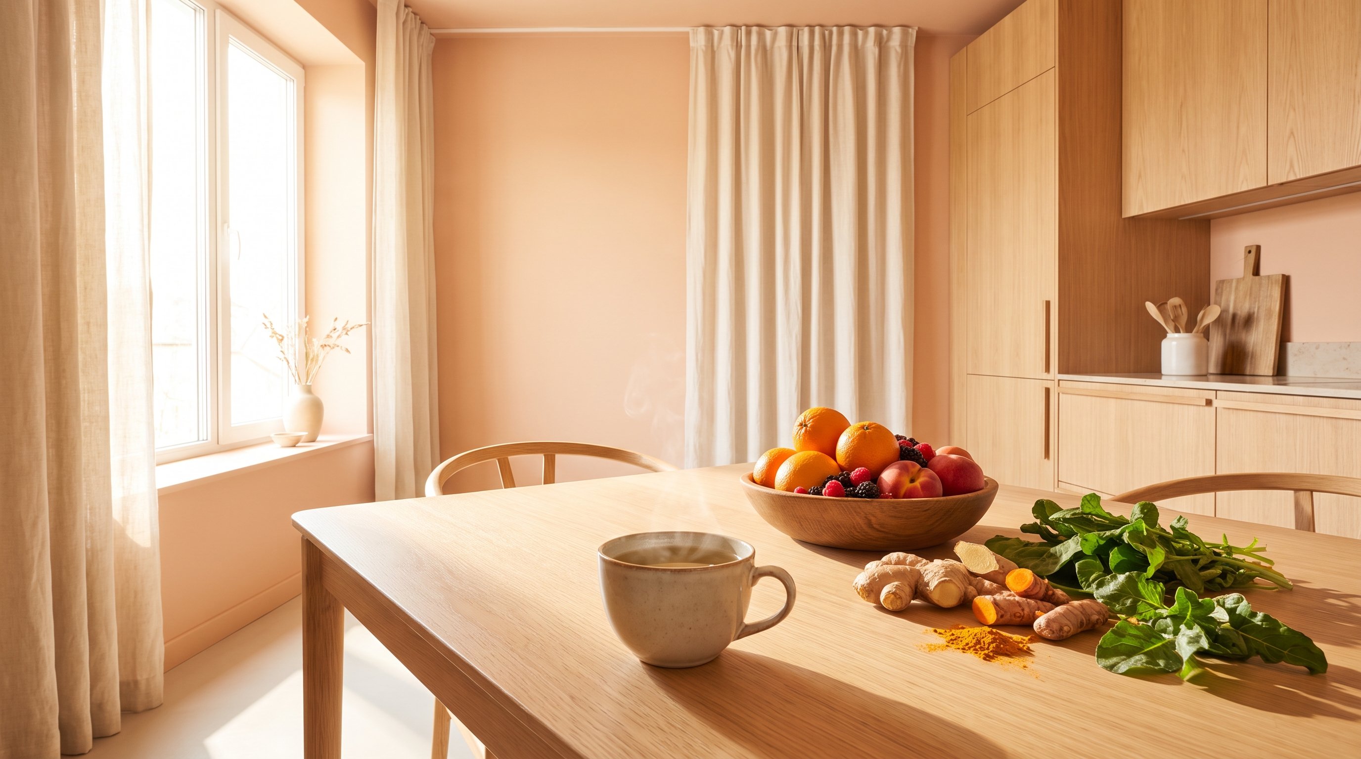 A cup of herbal tea beside a fruit bowl beside fresh ingredients on a window-lit dining table