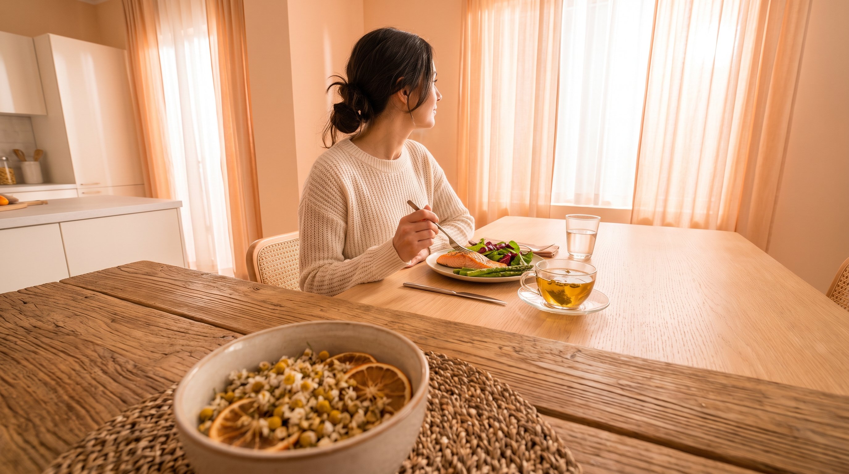 A relaxed woman in her 40s enjoying a salmon plate with greens at a window-lit dining table A relaxed woman in her 40s enjoying a salmon plate with greens at a window-lit dining table