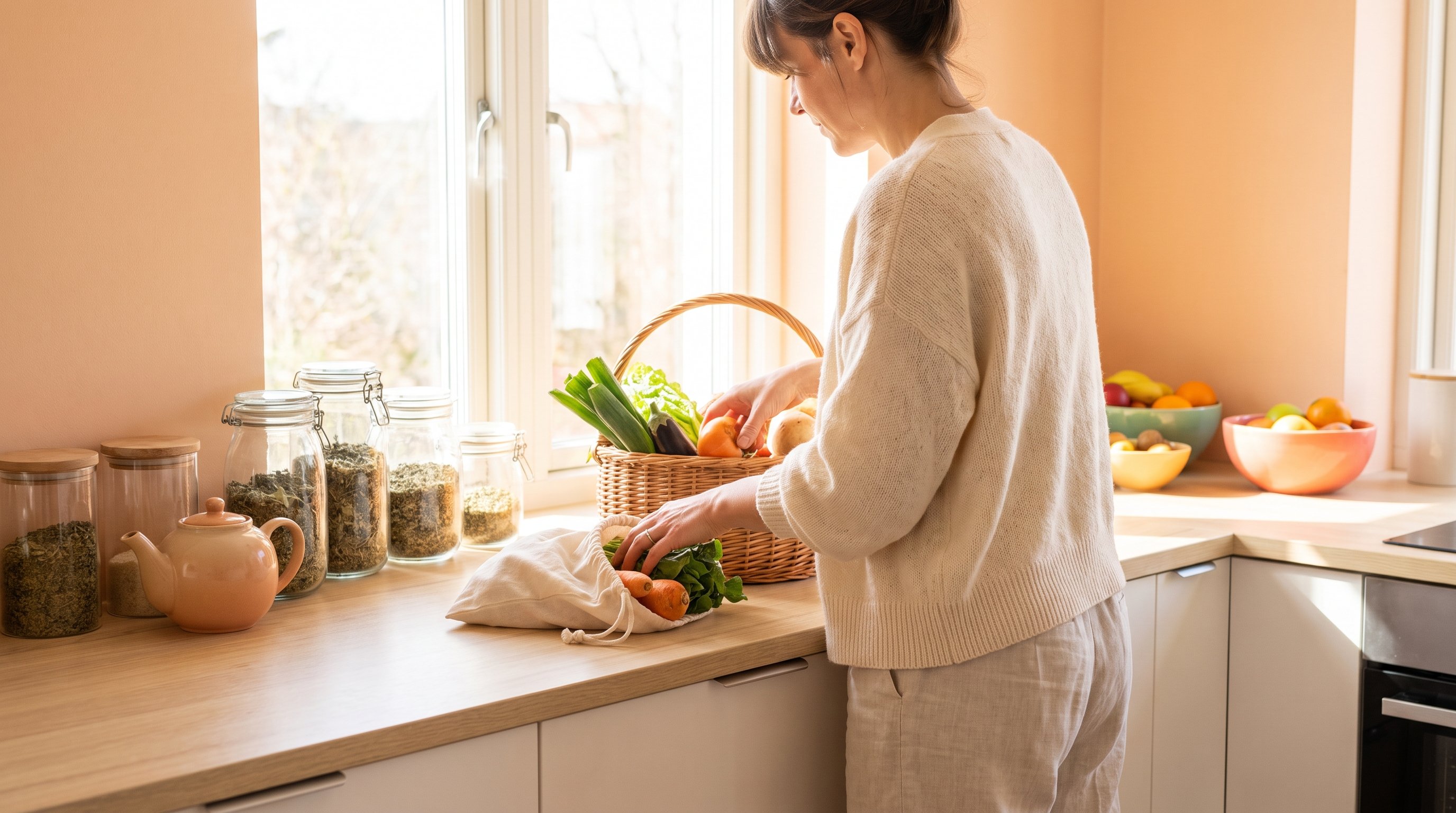A relaxed woman in her 40s putting groceries away in a sunny modern kitchen