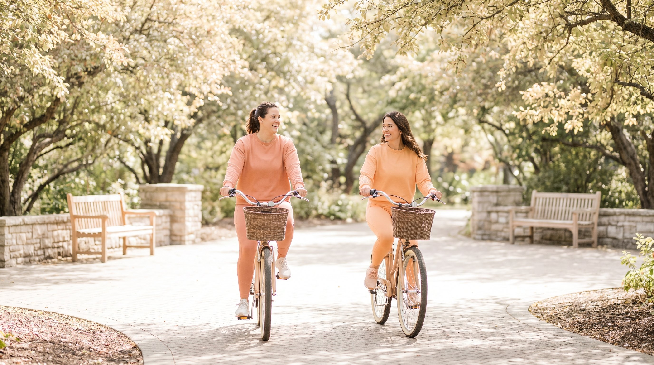 two people cycling side by side on a quiet park path