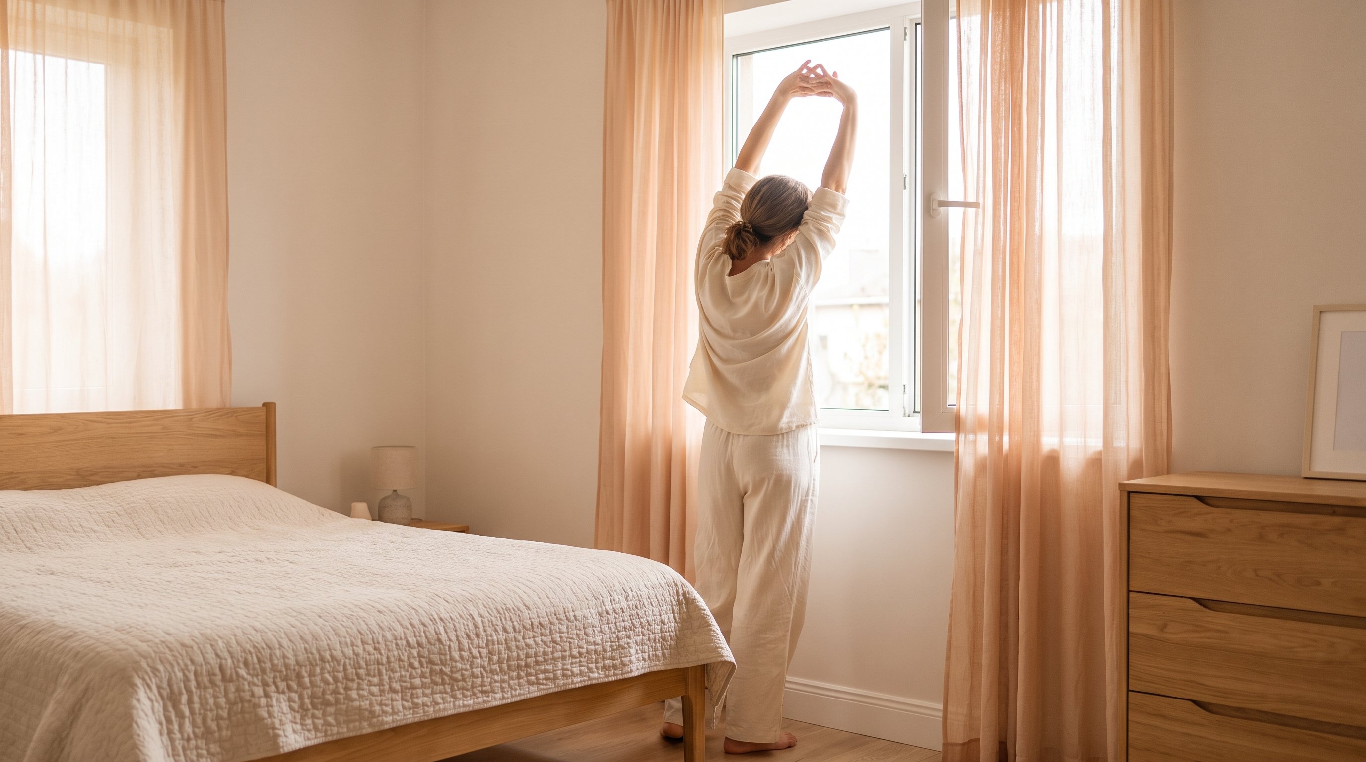 Person stretching arms overhead beside an open bedroom window Person stretching arms overhead beside an open bedroom window