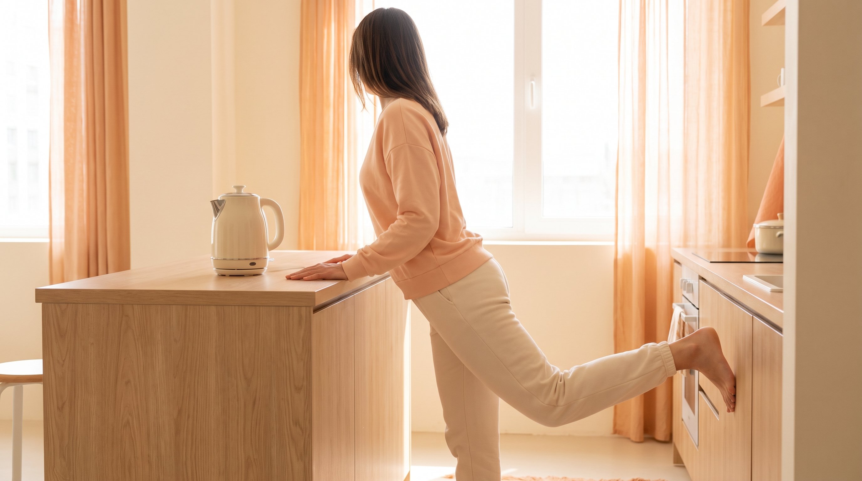 Woman stretching her calf against a kitchen counter while the kettle boils