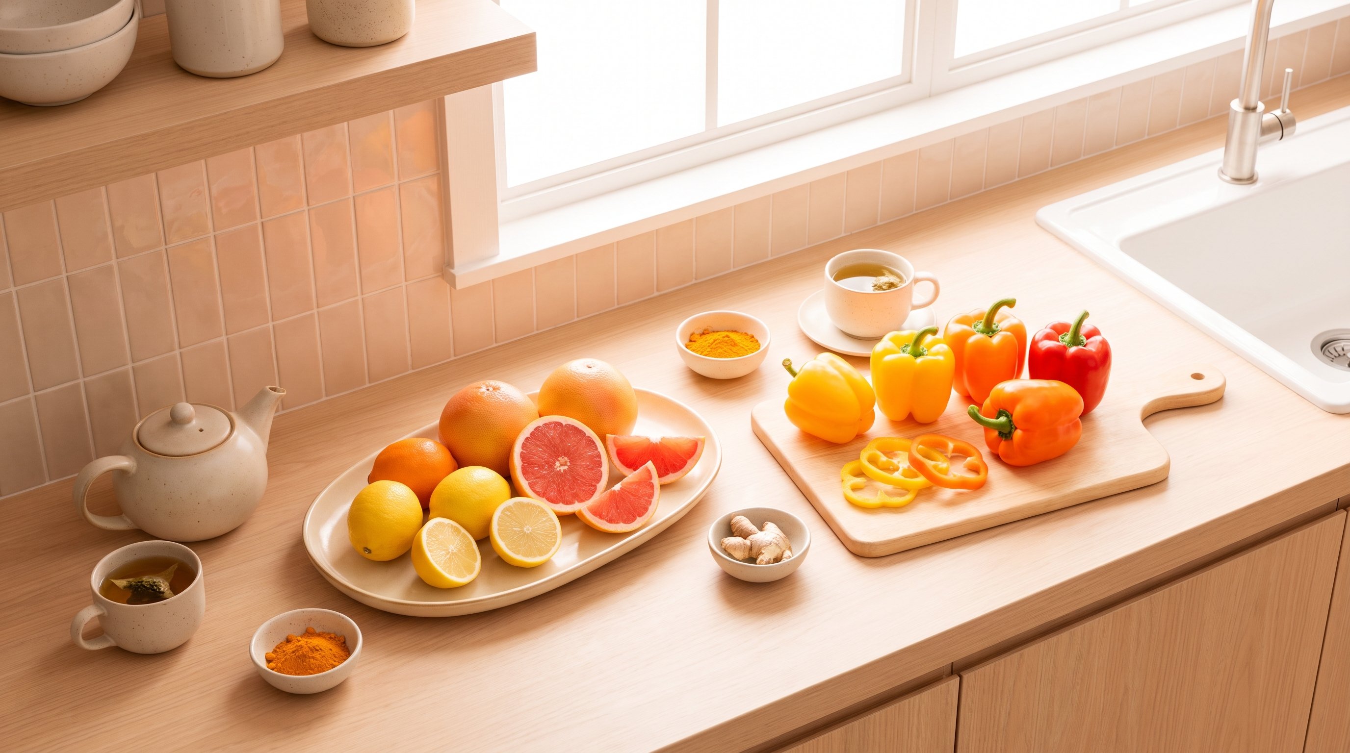 assorted citrus fruit and bell peppers on a kitchen counter