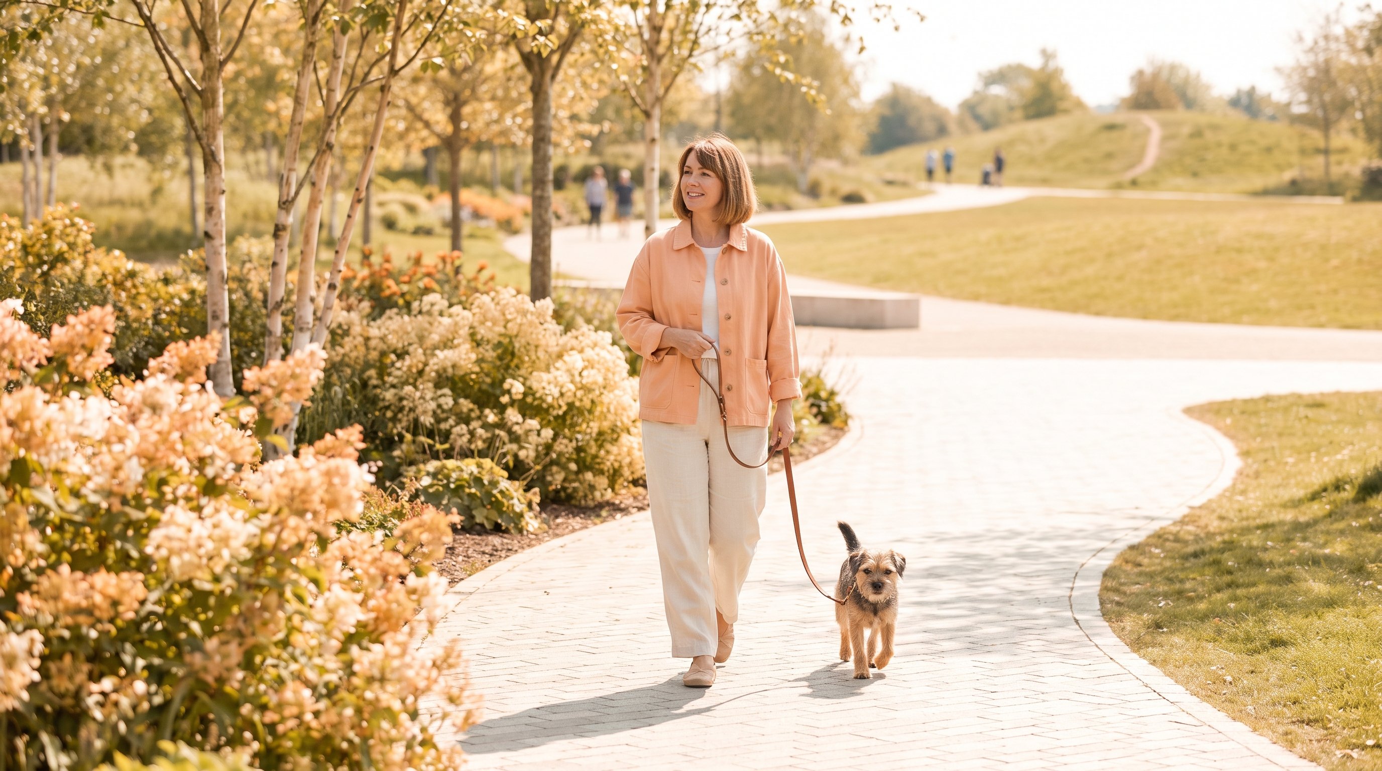man walking a dog along a park path at dusk
