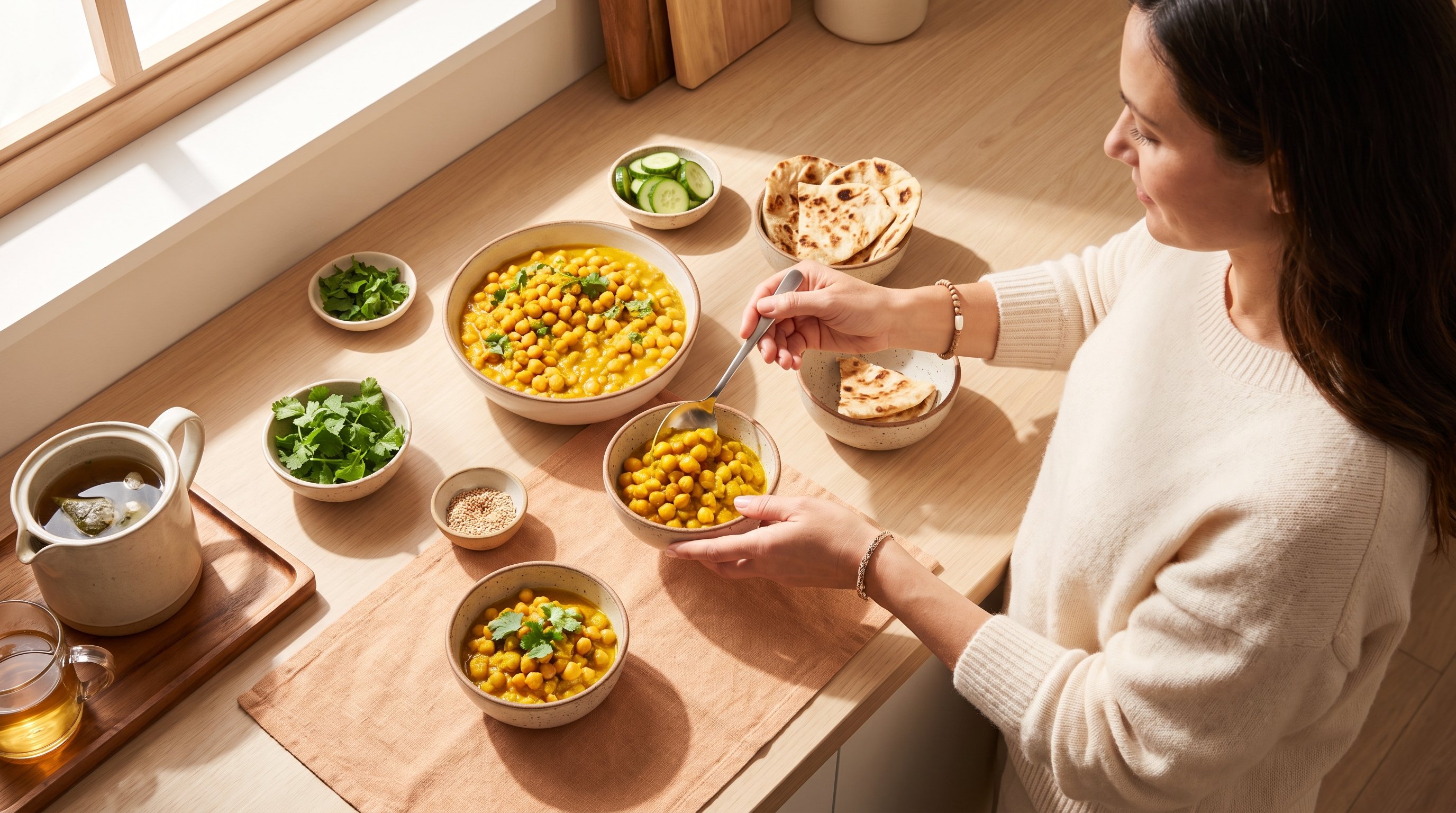 A relaxed woman in her 40s plating a turmeric chickpea curry in a sunny modern kitchen A relaxed woman in her 40s plating a turmeric chickpea curry in a sunny modern kitchen