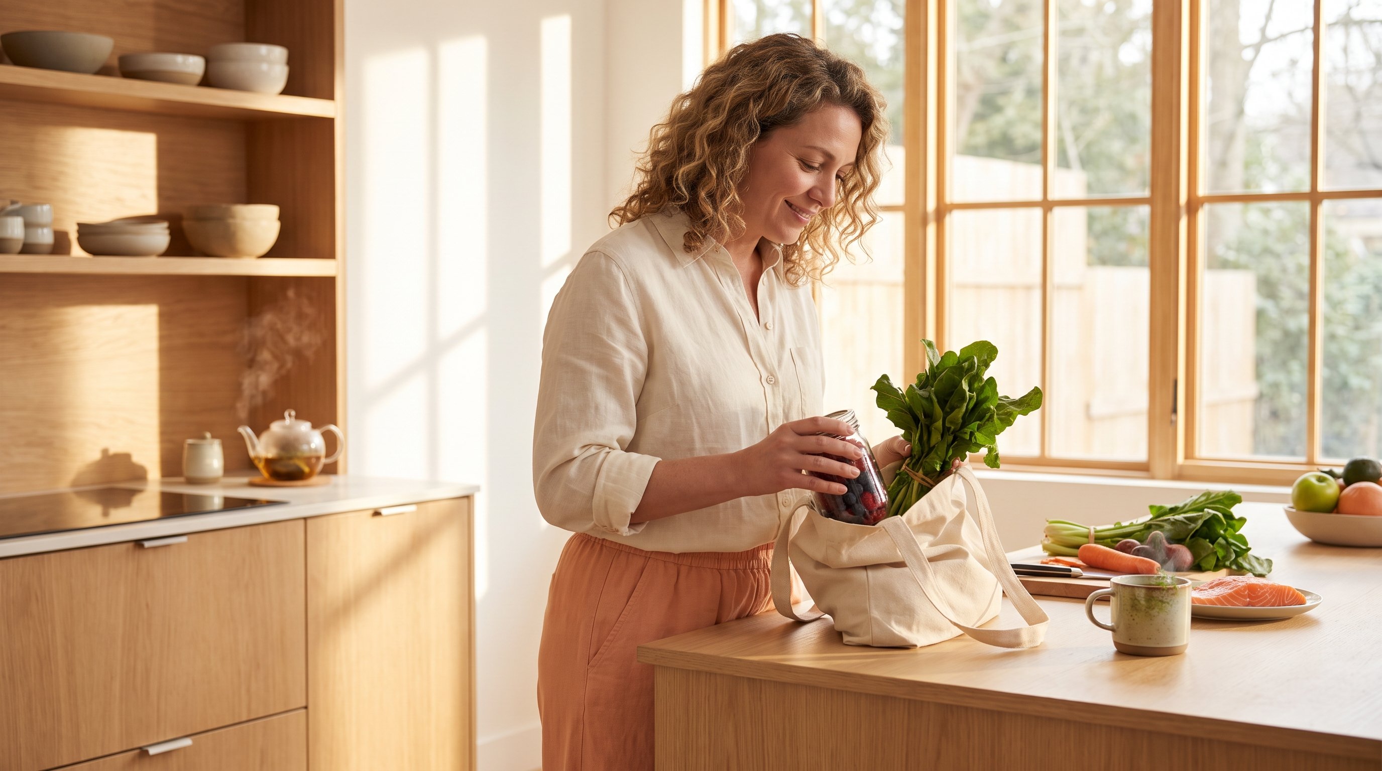 A relaxed woman in her 40s unpacking fresh groceries in a sunny modern kitchen