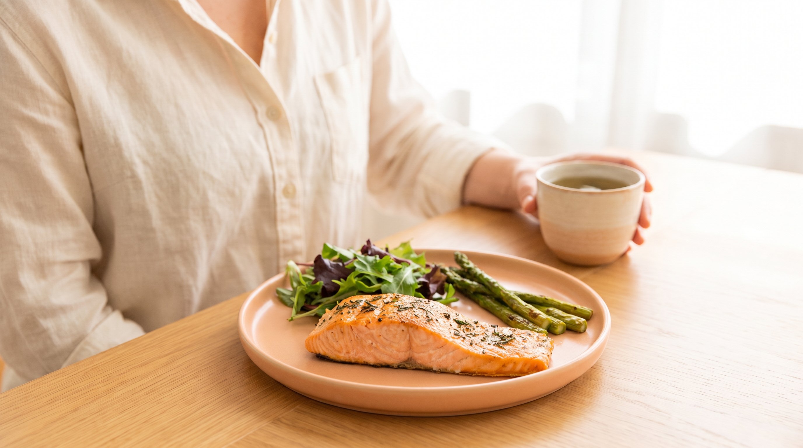 A salmon plate with greens on a window-lit dining table