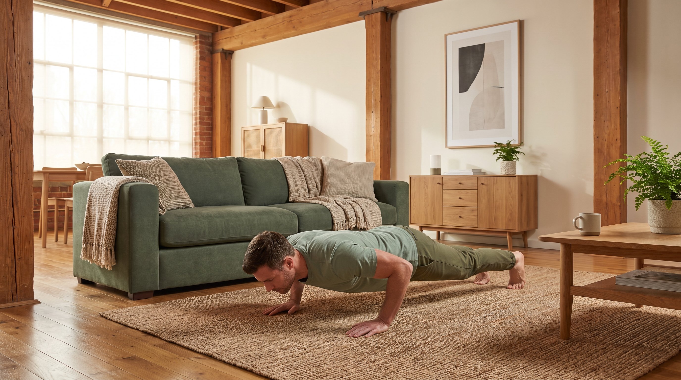 man doing push-ups on a living room floor