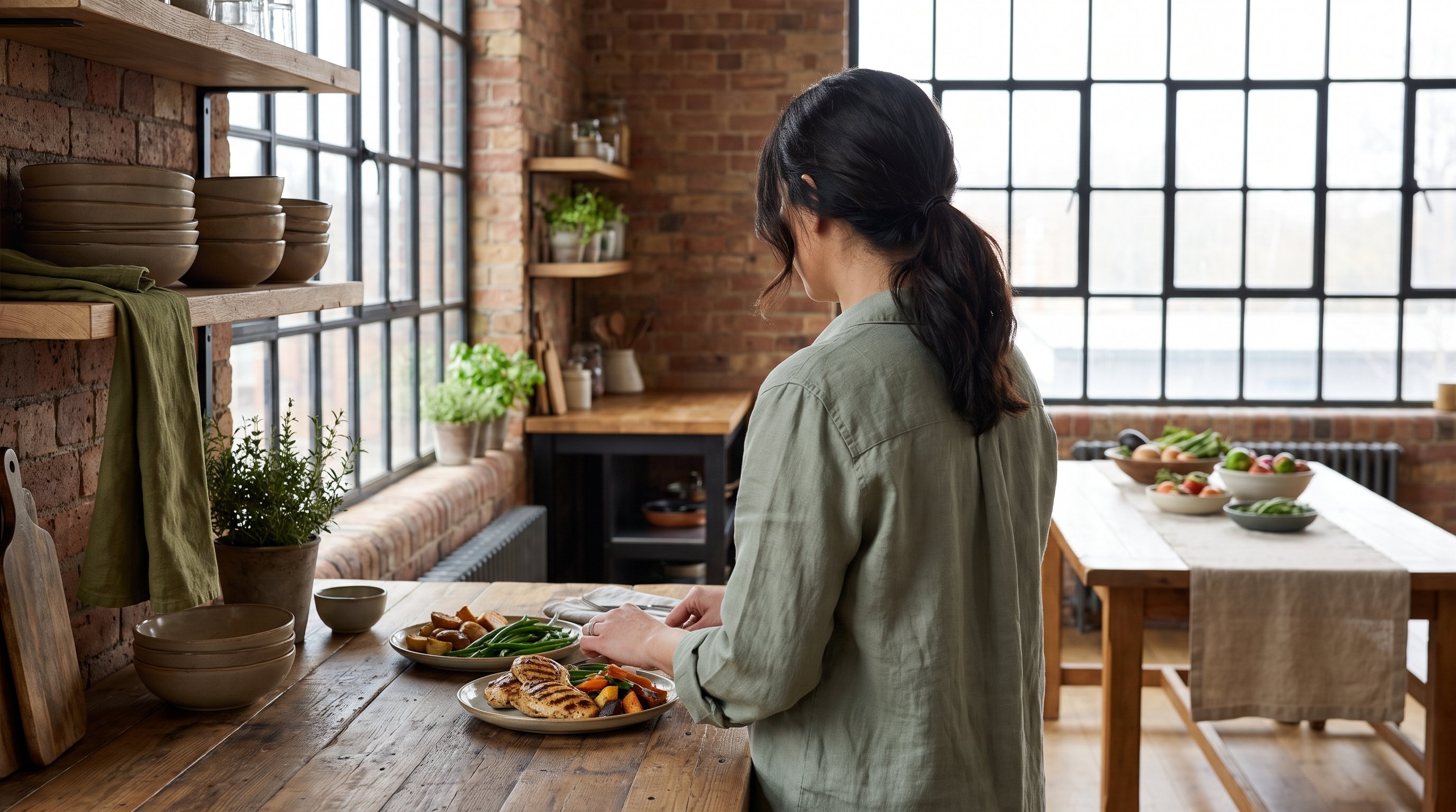 person filling a plate with chicken, beans and vegetables at home