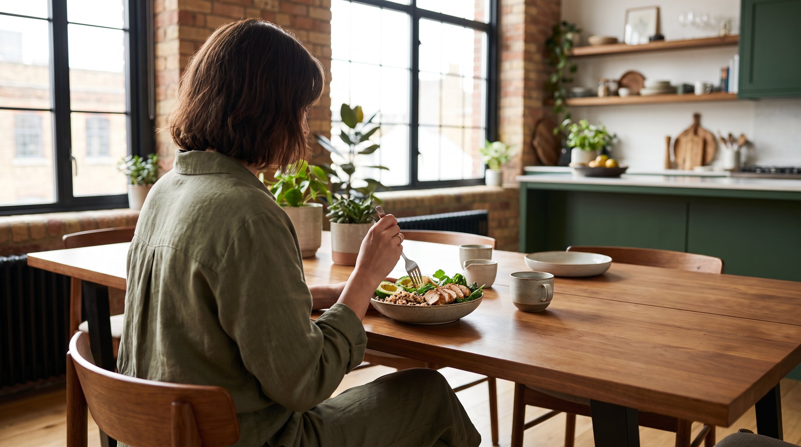 A woman in her 30s in olive clothing eating a fresh grain bowl with greens and chicken at a loft dining table