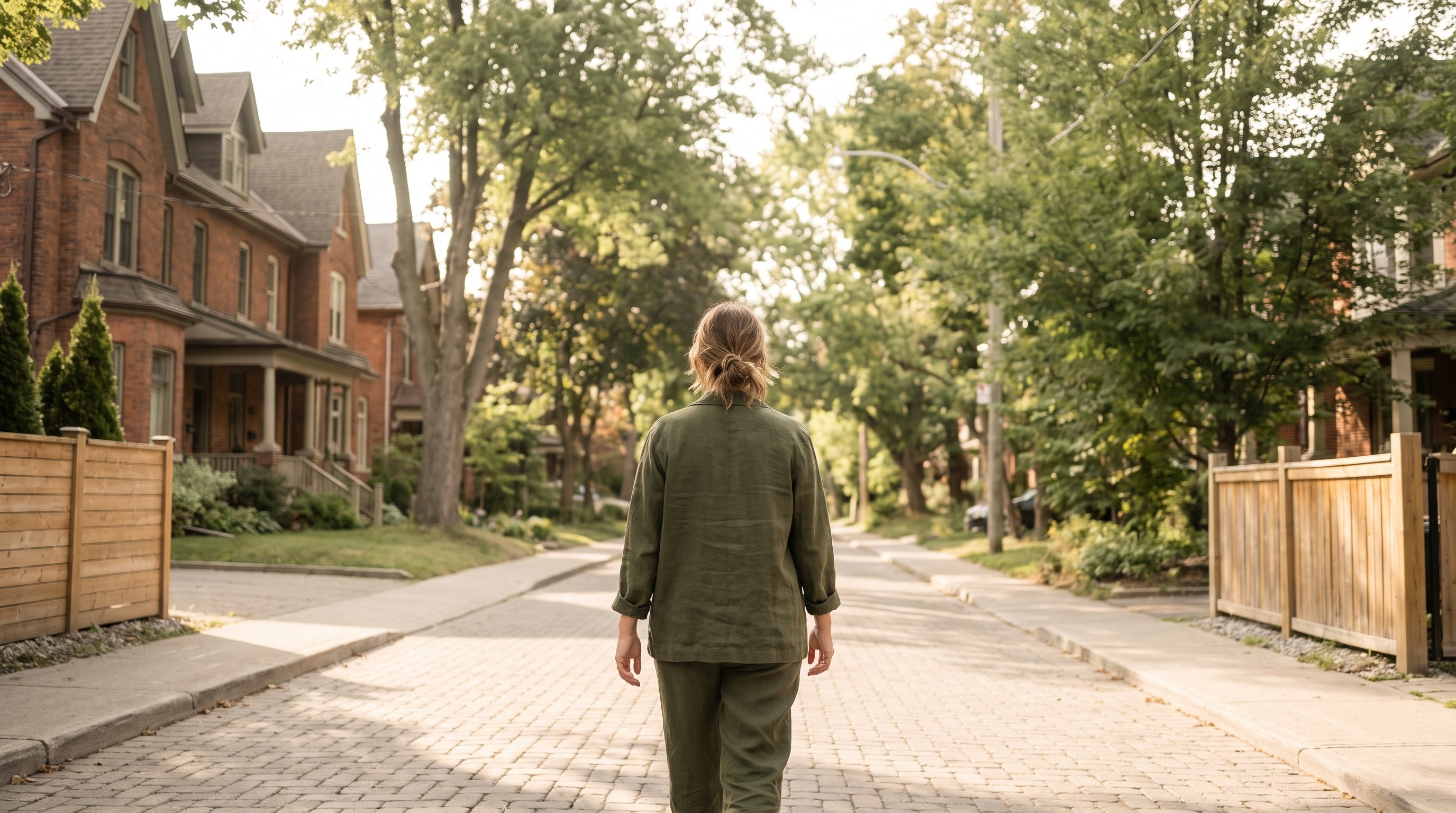 A woman in her 30s in olive clothing walking outdoors on a sunny neighbourhood path
