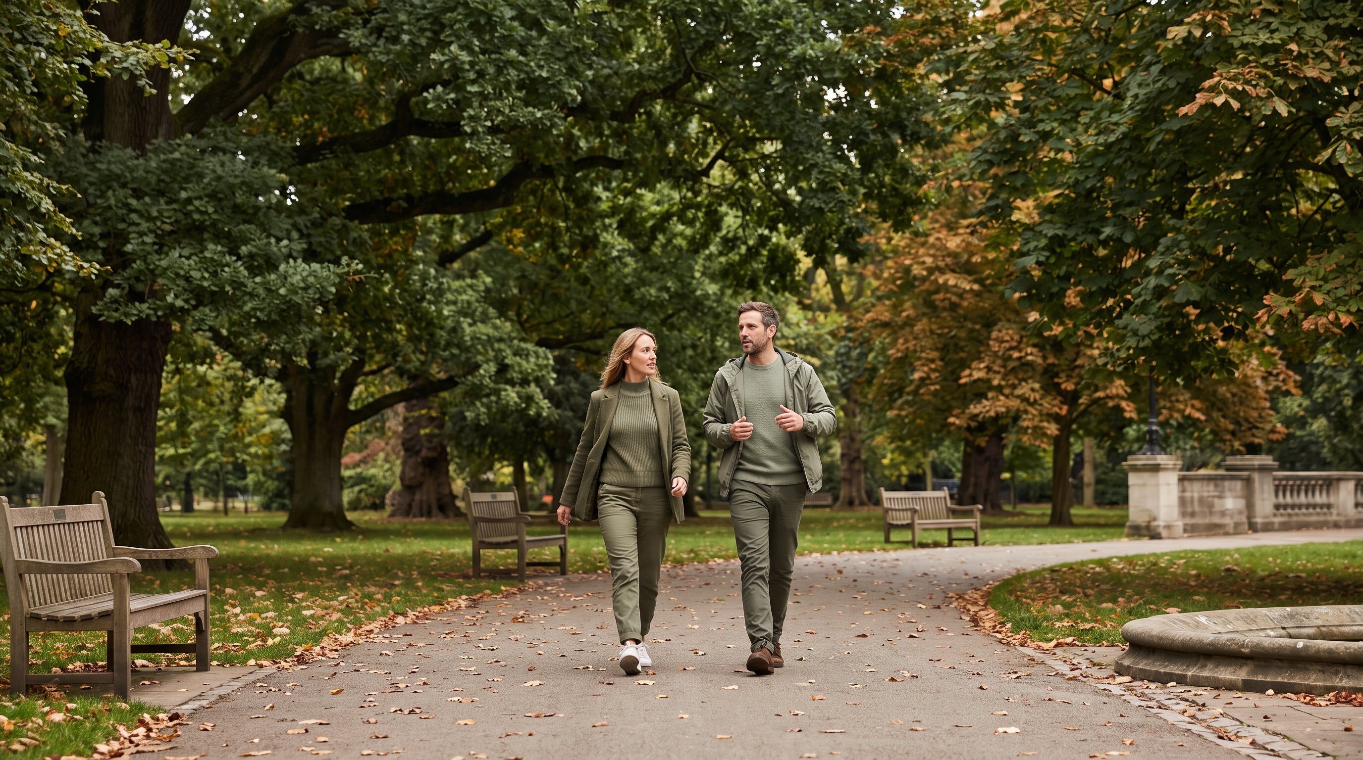 two people walking briskly together on a tree-lined path
