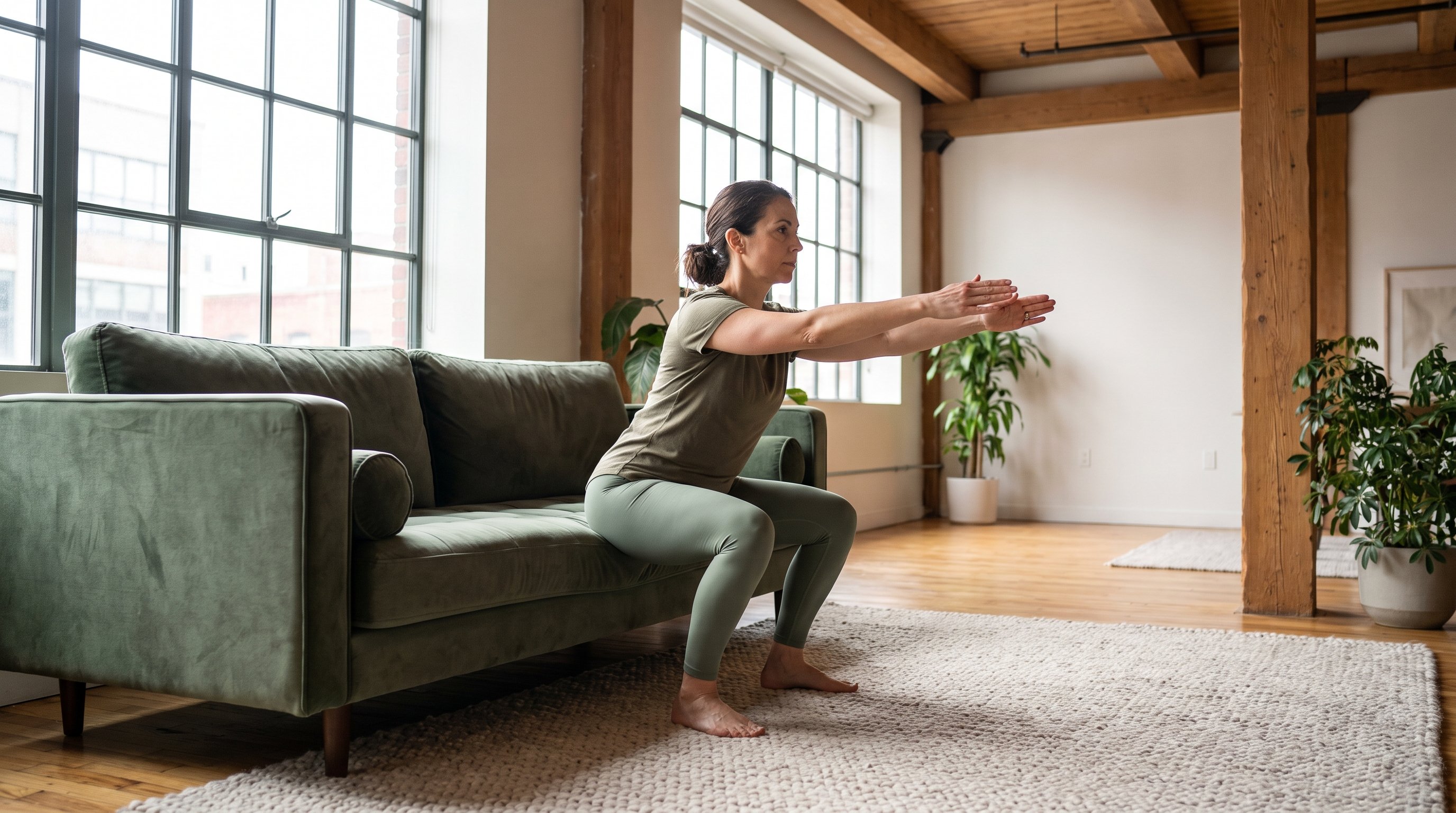 older adult doing bodyweight squats in a living room