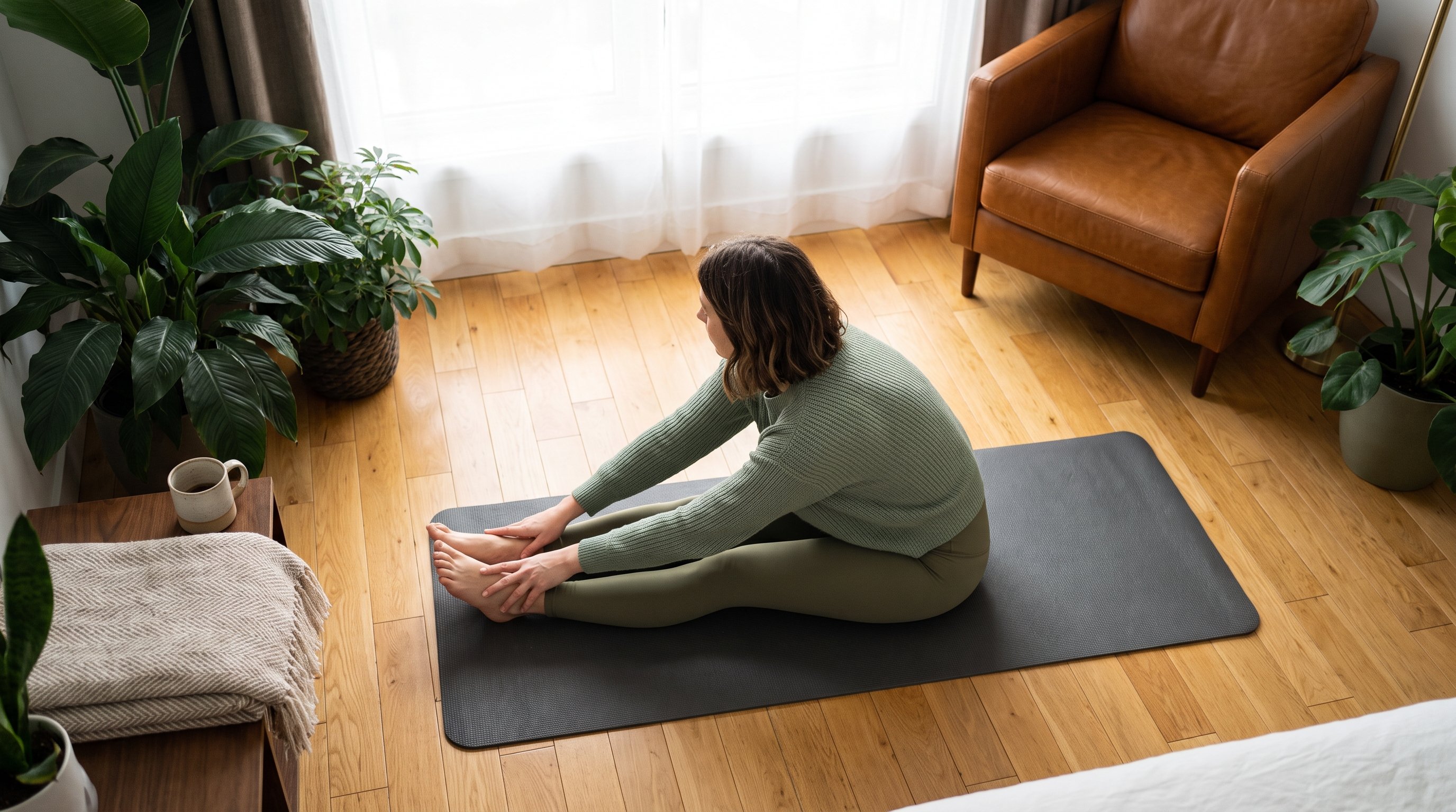 person stretching on a yoga mat in a small living room