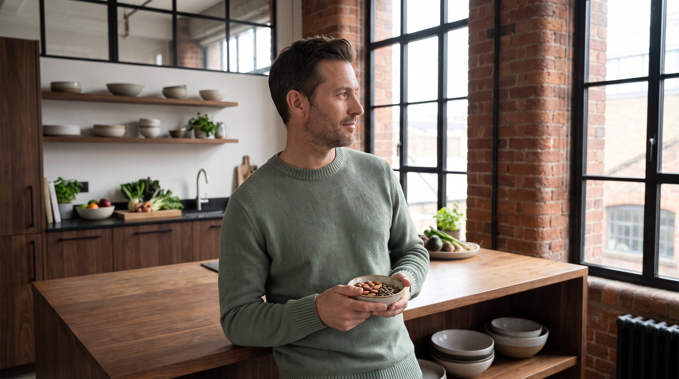 person scooping almonds and pumpkin seeds from glass jars into a bowl